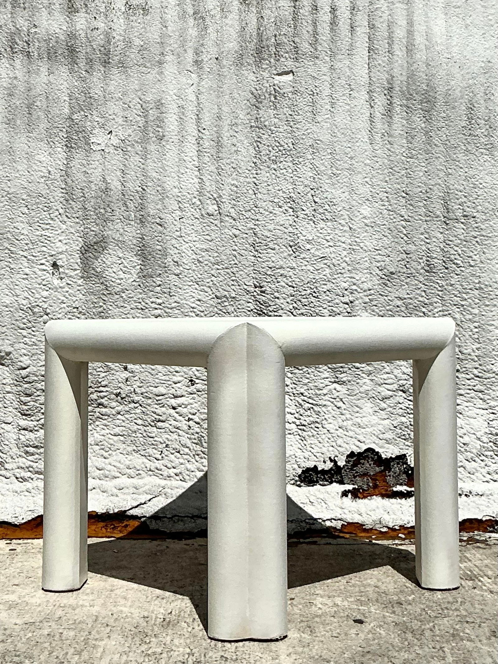 Vintage Boho Grasscloth Game Table with Curved Legs: Vintage Boho Grasscloth Game Table with Curved Legs Add a sophisticated touch to your living space with this vintage Boho grasscloth game table. Wrapped entirely in natural grasscloth, this striking s