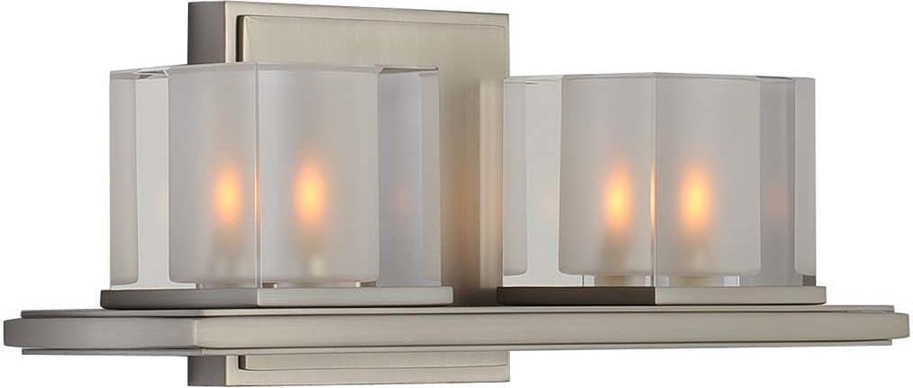 Kalco Modern Satin Nickel 2-Light Bath Light with Crystal Cube Shades: Kalco Modern Satin Nickel 2-Light Bath Light with Crystal Cube Shades Illuminate your bathroom with this elegant Modern Satin Nickel Bath Light featuring exquisite crystal shades. Designed for contemp