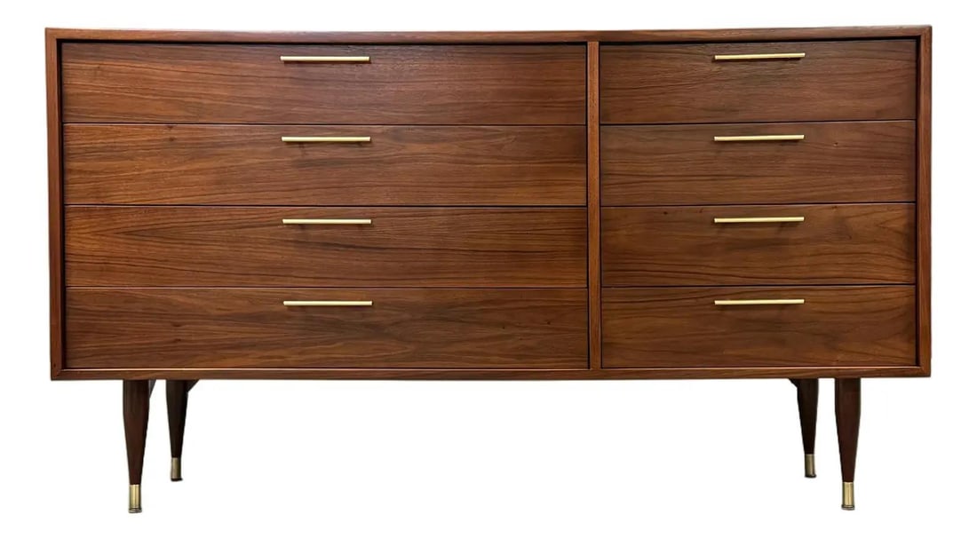 1960s Mid Century Walnut Dresser with Brass Pulls: 1960s Mid Century Walnut Dresser with Brass Pulls This stunning mid-century modern dresser, crafted from rich walnut, features eight dovetail drawers adorned with elegant brass drawer pulls. Professio