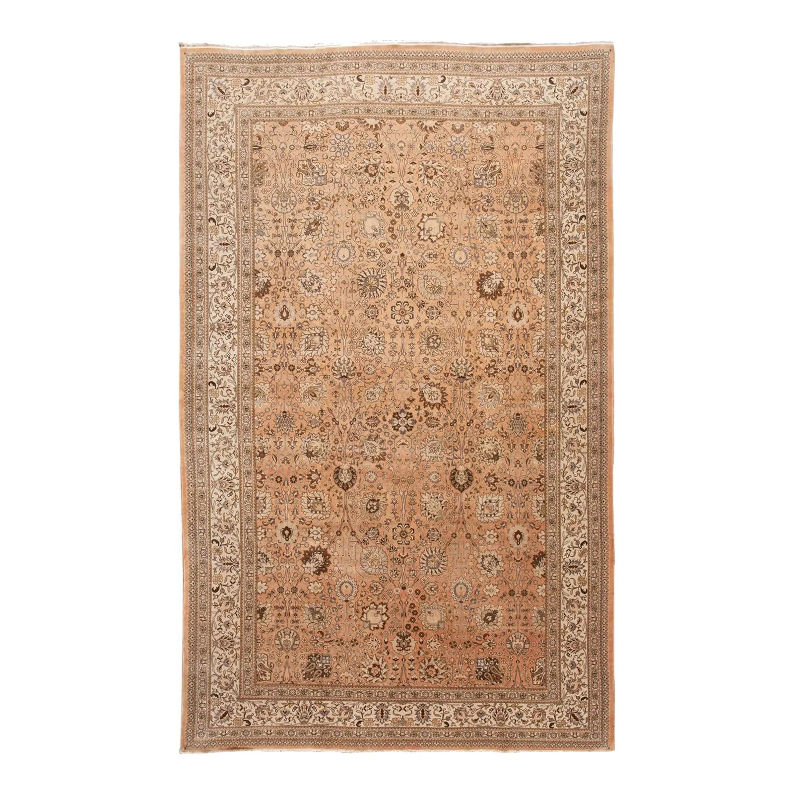 Antique Tabriz Wool Rug 11' x 18' Floral Design Peach: Antique Tabriz Wool Rug 11' x 18' Floral Design Peach This exquisite early 20th-century antique Tabriz wool rug showcases a stunning floral motif, highlighted by vibrant colors and an intricate design