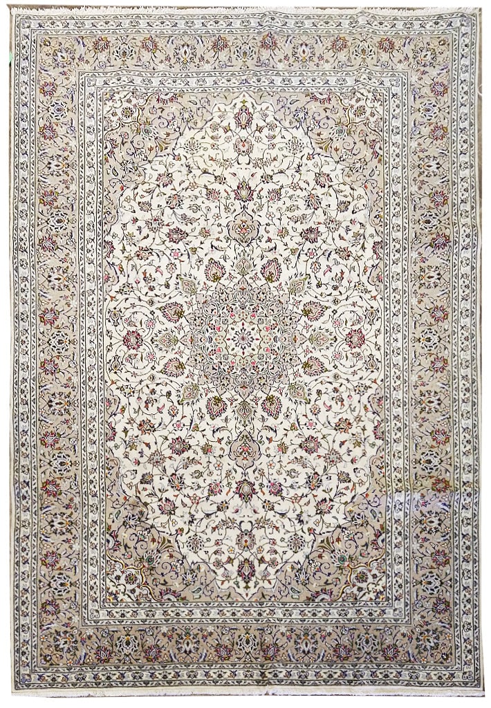 Handwoven 7.1 x 11.9 Persian Ivory Kashan Area Rug: Handwoven 7.1 x 11.9 Persian Ivory Kashan Area Rug Free continental US Shipping Enhance your living space with this stunning pre-owned 7.1' x 11.9' Persian Ivory Kashan Rug, a masterpiece of exquisite