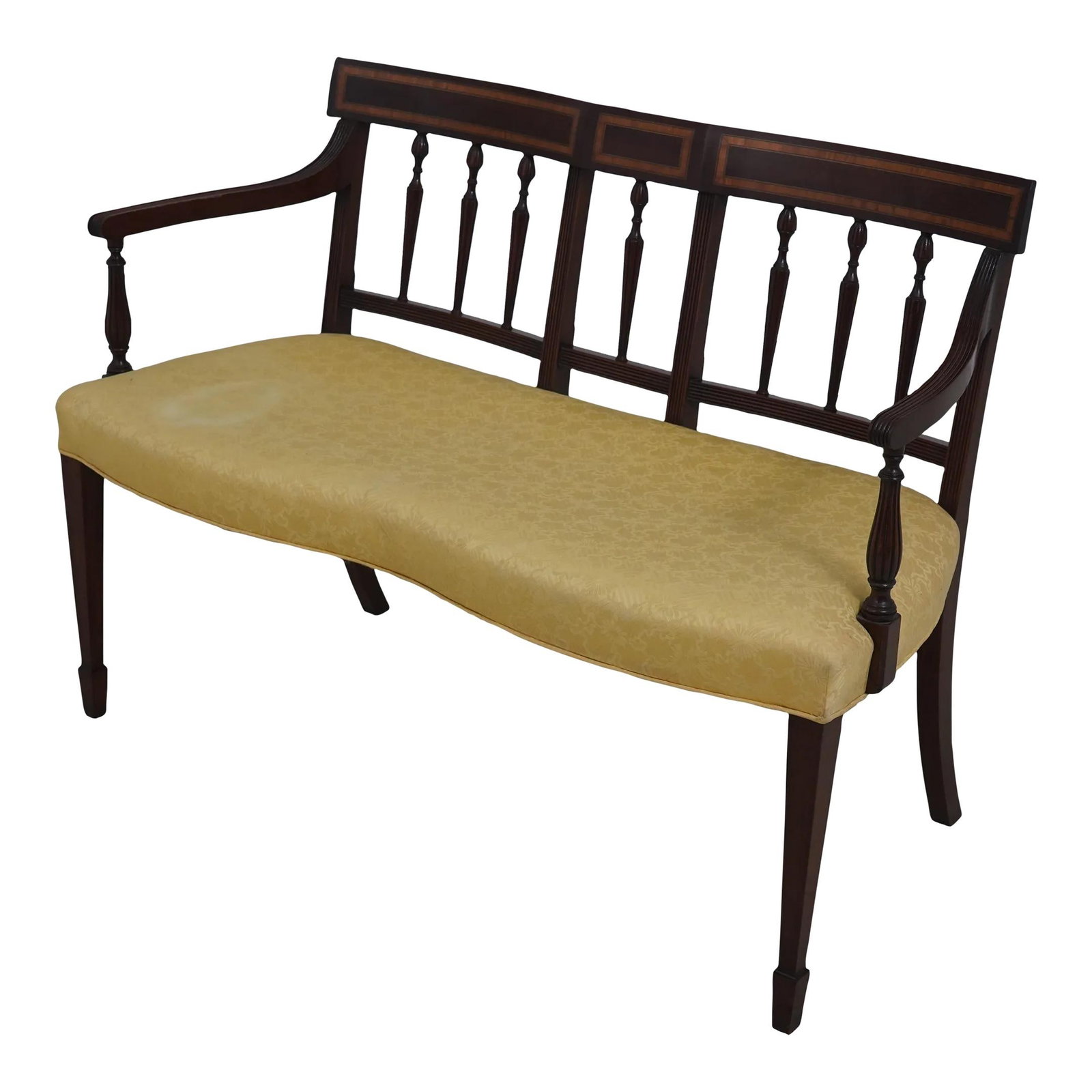 Sheraton Style Mahogany Settee Bench by Wood & Hogan: Sheraton Style Mahogany Settee Bench by Wood & Hogan This exquisite Sheraton-style settee bench showcases exceptional craftsmanship and timeless elegance. Handcrafted from high-quality mahogany, this