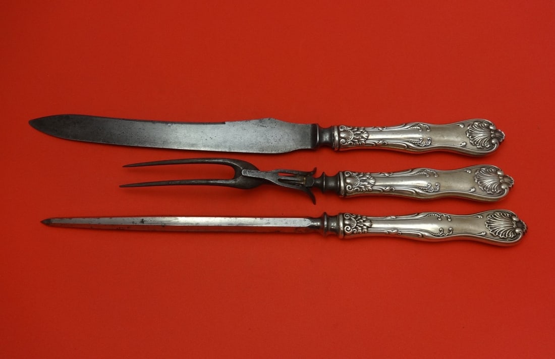 Whiting Imperial Queen Sterling Silver 3pc Roast Carving Set: Whiting Imperial Queen Sterling Silver 3pc Roast Carving Set This exquisite 3-piece roast carving set features the elegant Imperial Queen pattern by Whiting. Crafted from high-quality sterling silver