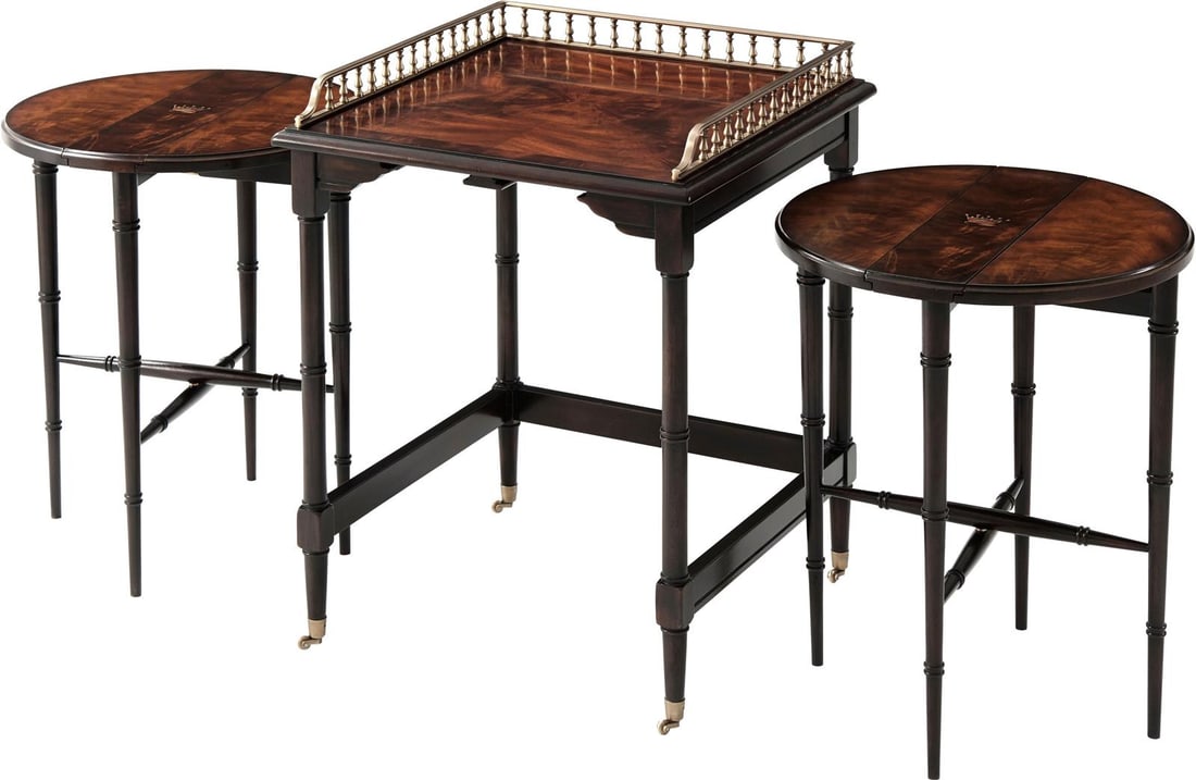 Theodore Alexander Lord Spencer Nesting Mahogany Table Set: Theodore Alexander Lord Spencer Nesting Mahogany Table Set Introducing the Theodore Alexander Mahogany Table Set, a beautifully crafted piece that combines antique charm with modern functionality. Thi