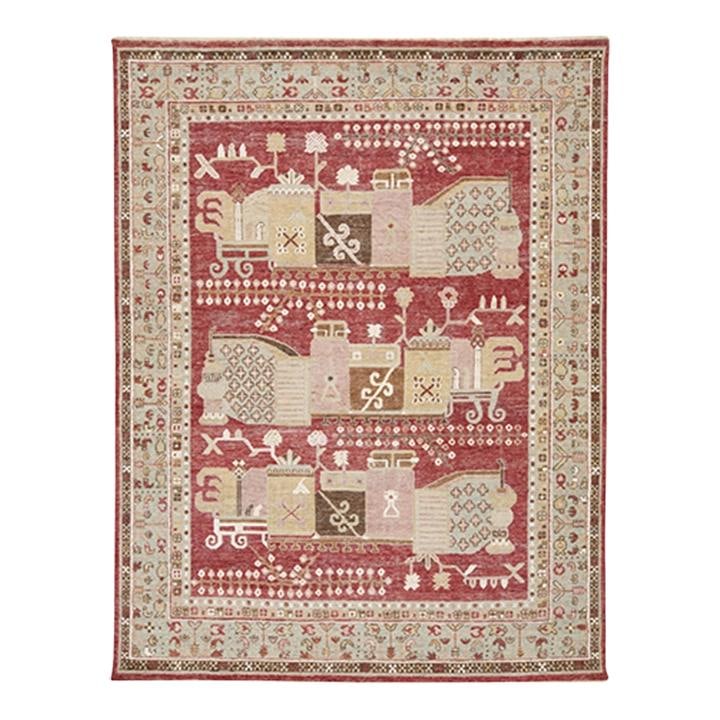 Handmade Indian Wool Rug 8 x 10 Red Samarkand Style: Handmade Indian Wool Rug 8 x 10 Red Samarkand Style Add a touch of elegance to your home with this exquisite handmade Indian wool rug, inspired by the traditional Samarkand style. Featuring a captivat