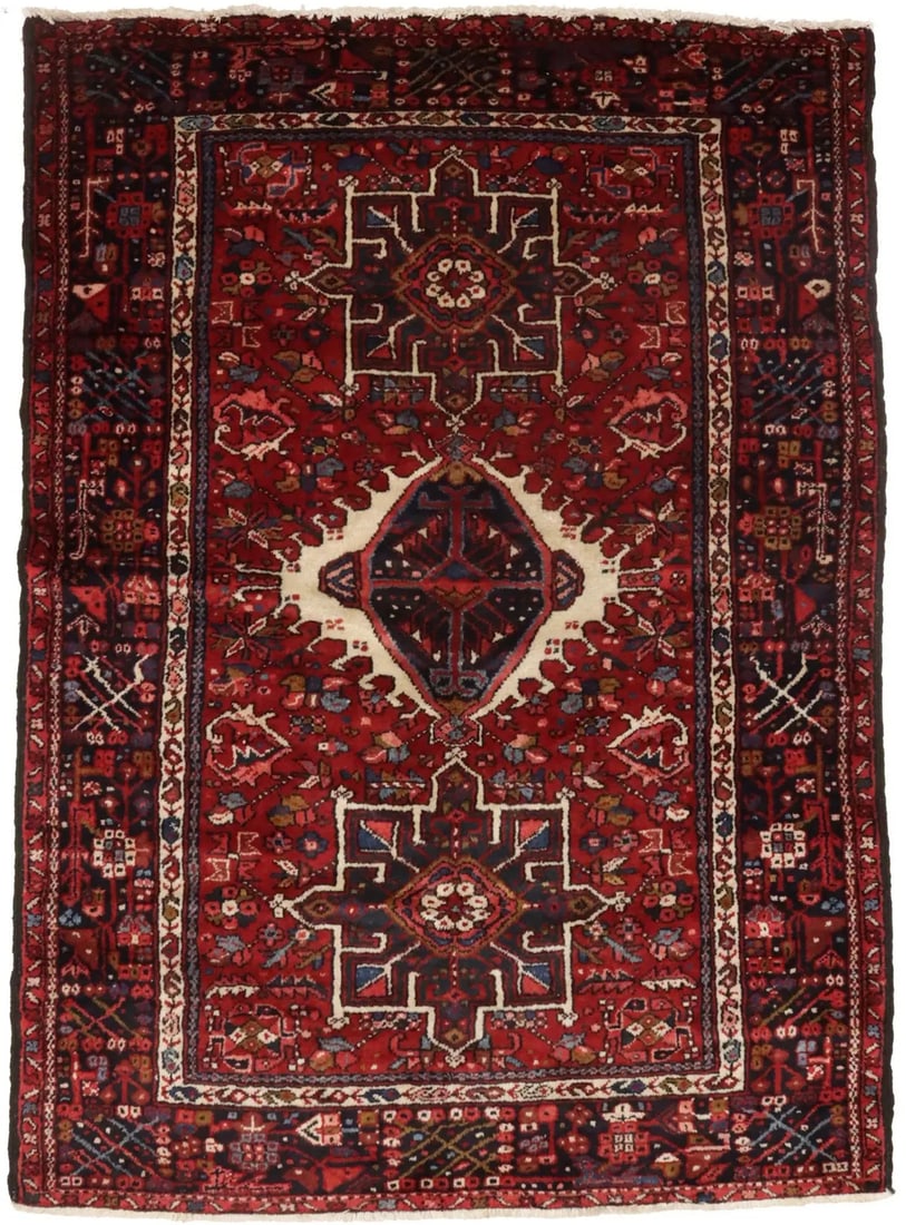Vintage 5X6 ft Hand-Knotted Red Oriental Rug Geometric Tribal Style: Vintage 5X6 ft Hand-Knotted Red Oriental Rug Geometric Tribal Style Enhance your home decor with this stunning semi-antique red oriental rug, perfect for adding a touch of tribal elegance to any room.