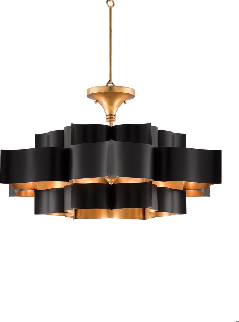 Currey Grand Lotus Chandelier Black Gold Leaf Asian Modern 6 Bulb: Currey Grand Lotus Chandelier Black Gold Leaf Asian Modern 6 Bulb Introducing the Elegant & Versatile Grand Lotus Chandelier, a stunning addition to your lighting collection. This chandelier features