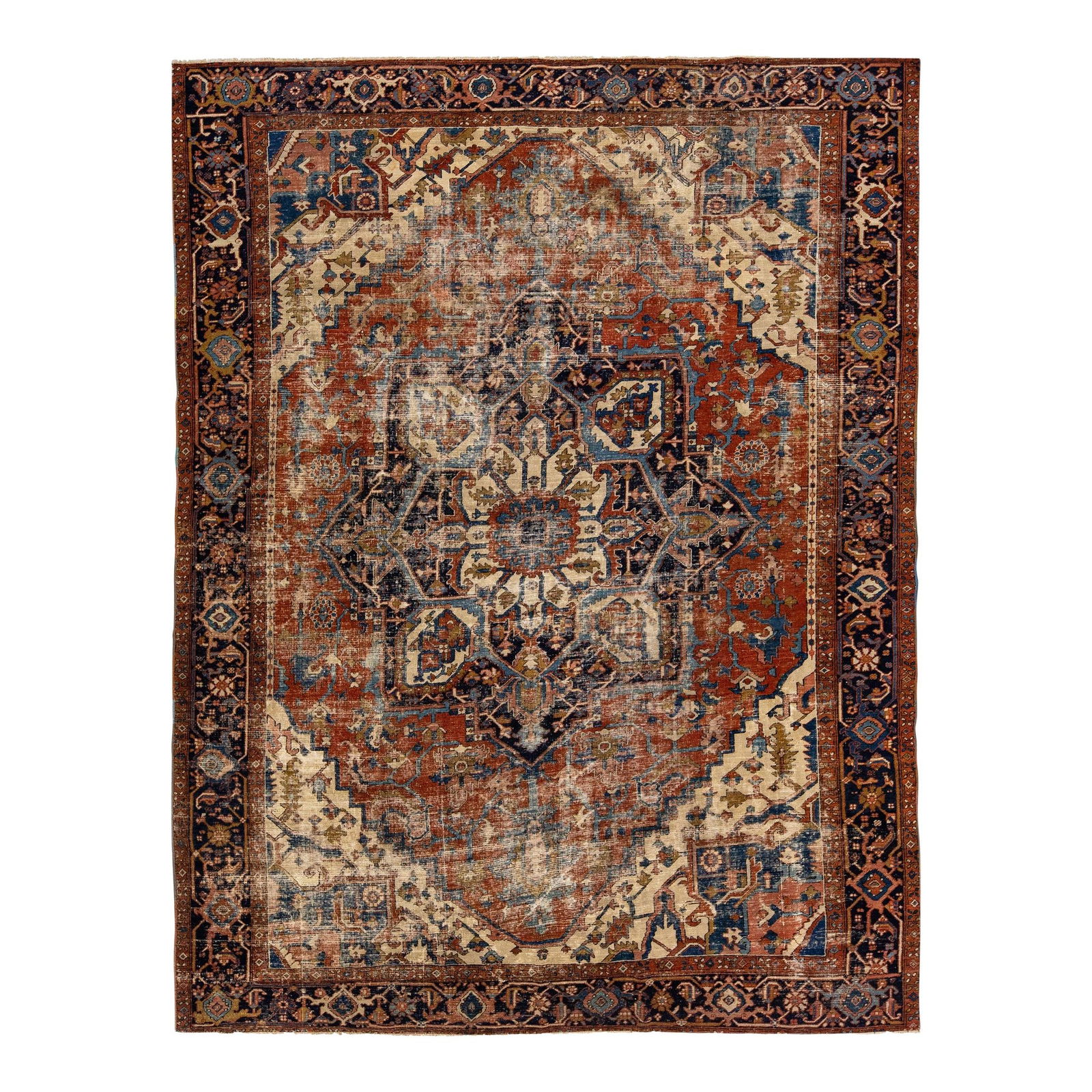 Antique Persian Serapi Handmade Wool Rug 8'11 x 11'3 Multicolor Medallion: Antique Persian Serapi Handmade Wool Rug 8'11 x 11'3 Multicolor Medallion Enhance your space with this exquisite antique Heriz hand-knotted wool rug featuring a rich rust color field. Adorned with mul
