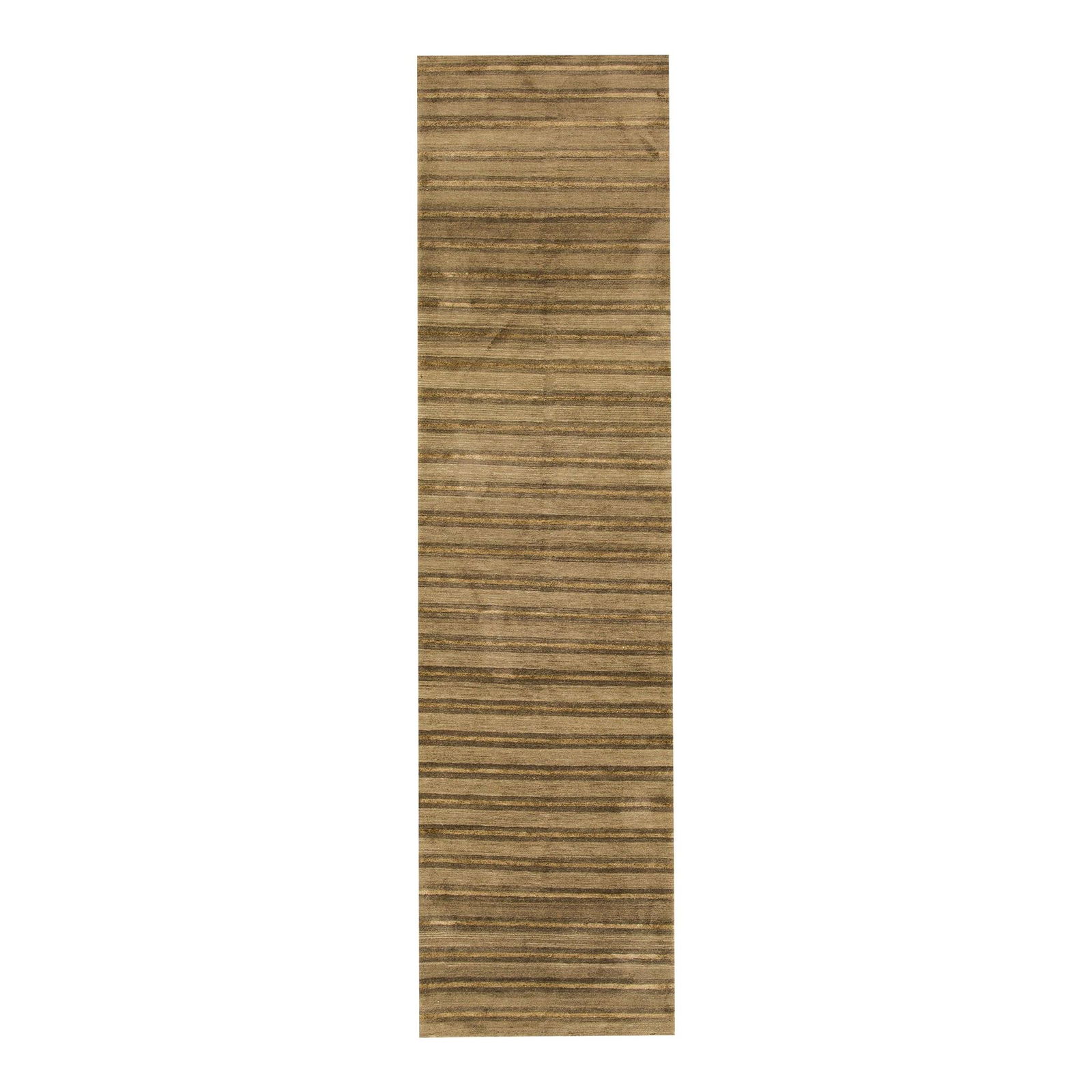 Shakti Handmade Tan Striped Wool Runner 3'11" x 12'11": Shakti Handmade Tan Striped Wool Runner 3'11" x 12'11" Enhance your space with this stunning Modern Shakti hand-knotted wool runner, showcasing a rich brown field complemented by tan accents in a capt