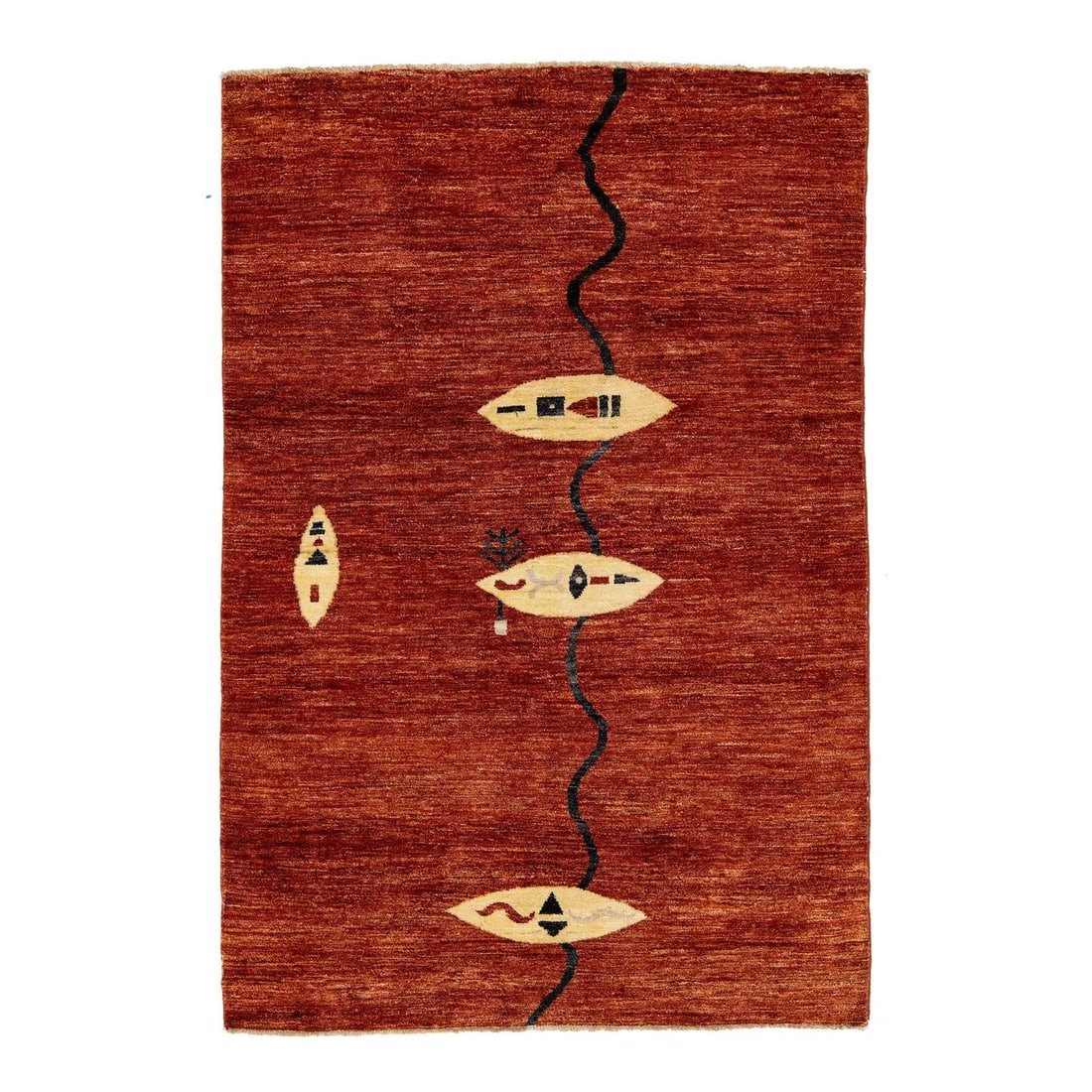 Handmade 5 x 7 Gabbeh Wool Rug in Burnt Orange: Handmade 5 x 7 Gabbeh Wool Rug in Burnt Orange Enhance your home decor with this exquisite handmade Gabbeh wool rug, showcasing a rich burnt orange field complemented by vibrant yellow accents. Perfec
