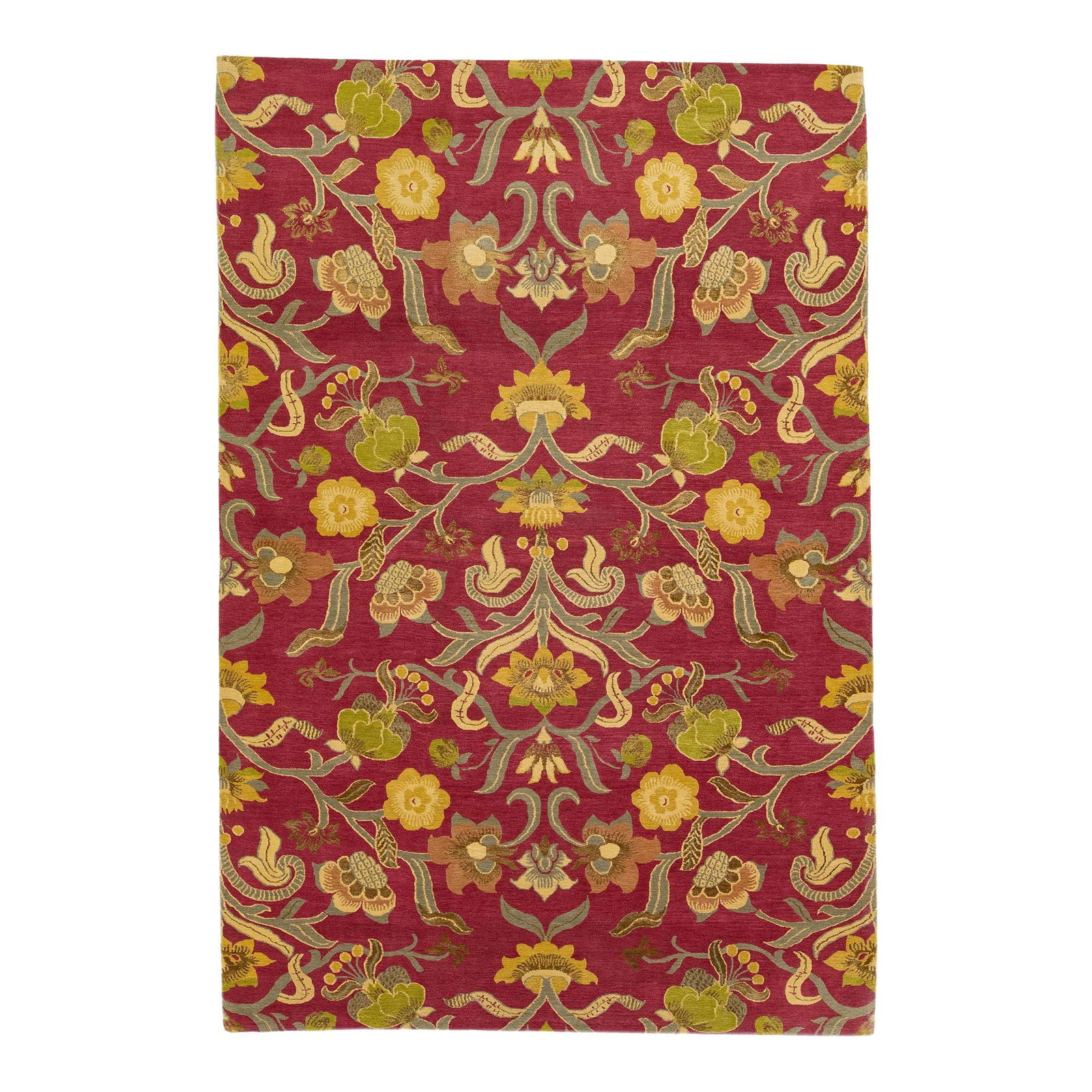 Handmade Red Floral Wool Silk Nepalese Rug 6'2" x 9'2": Handmade Red Floral Wool Silk Nepalese Rug 6'2" x 9'2" This exquisite handmade rug showcases a modern Nepalese design, crafted from a blend of premium wool and silk. The intricate all-over scroll patt