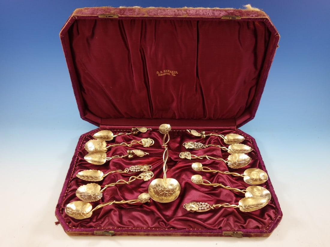 Unique Vintage Sterling Silver Ice Cream Set 13 Pieces C. 1890 Vermeil Leaf Grape Motif: Unique Vintage Sterling Silver Ice Cream Set 13 Pieces C. 1890 Vermeil Leaf Grape Motif Discover a unique vintage sterling silver ice cream set, crafted by an unknown maker around 1890. This exquisite