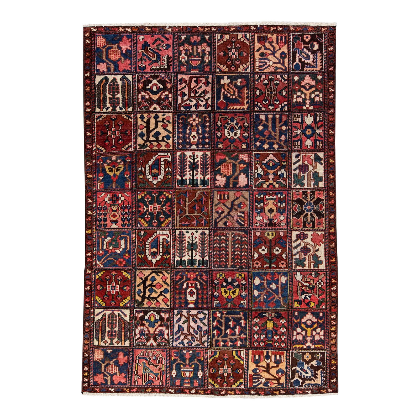 Antique Bakhtiari Handmade Wool Rug Multicolor Allover Pattern 6'7" x 9'6": Antique Bakhtiari Handmade Wool Rug Multicolor Allover Pattern 6'7" x 9'6" This stunning Antique Bakhtiari rug showcases an exquisite hand-knotted design, featuring a vibrant ruby red field adorned wi
