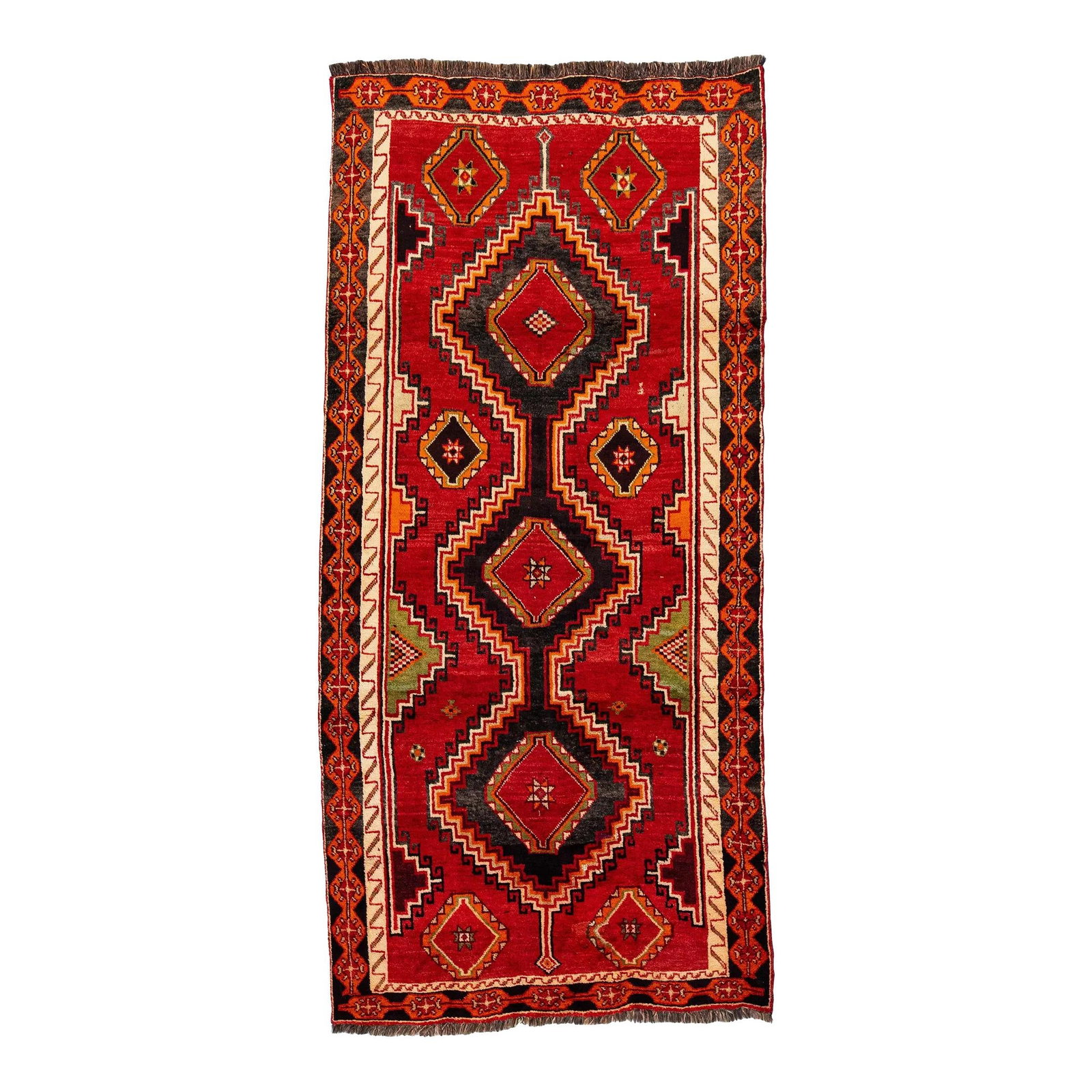 1960s Hand-Knotted Persian Shiraz Wool Runner Red Field 4'3 x 8'11: 1960s Hand-Knotted Persian Shiraz Wool Runner Red Field 4'3 x 8'11 This exquisite vintage Persian Shiraz runner is hand-knotted from high-quality wool, showcasing a vibrant red field beautifully accen