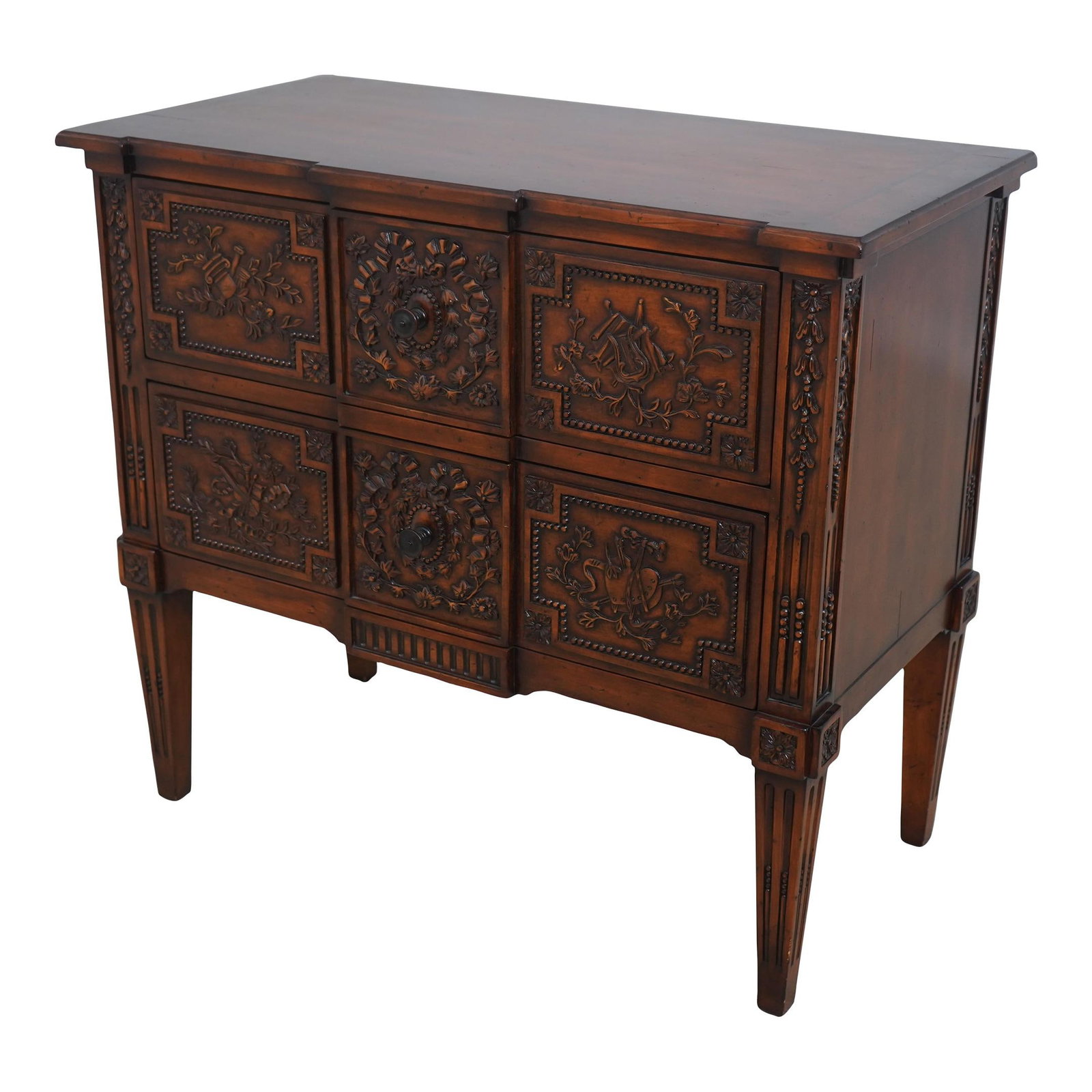 Drexel Italian Neoclassical 2 Drawer Commode with Carved Front: Drexel Italian Neoclassical 2 Drawer Commode with Carved Front This exquisite Drexel Italian Neoclassical Commode features a beautifully carved front with musical and ribbon motifs, showcasing quality