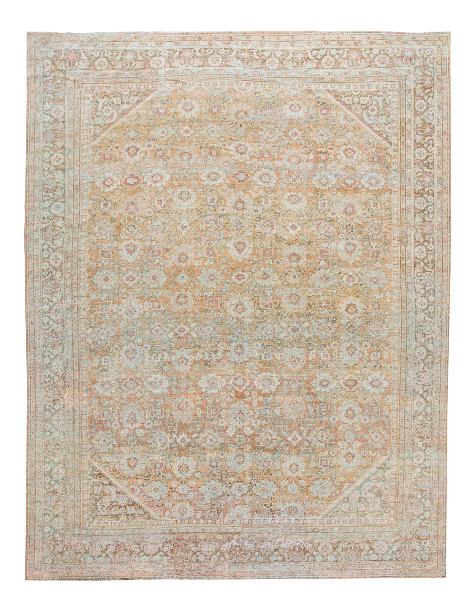 Mid-Century Mahal Wool Rug 12'4 x 15'9 Floral Design: Mid-Century Mahal Wool Rug 12'4 x 15'9 Floral Design This stunning mid-20th century vintage Mahal wool rug showcases a rich orange-peach field adorned with intricate blue, red, and ivory floral accent