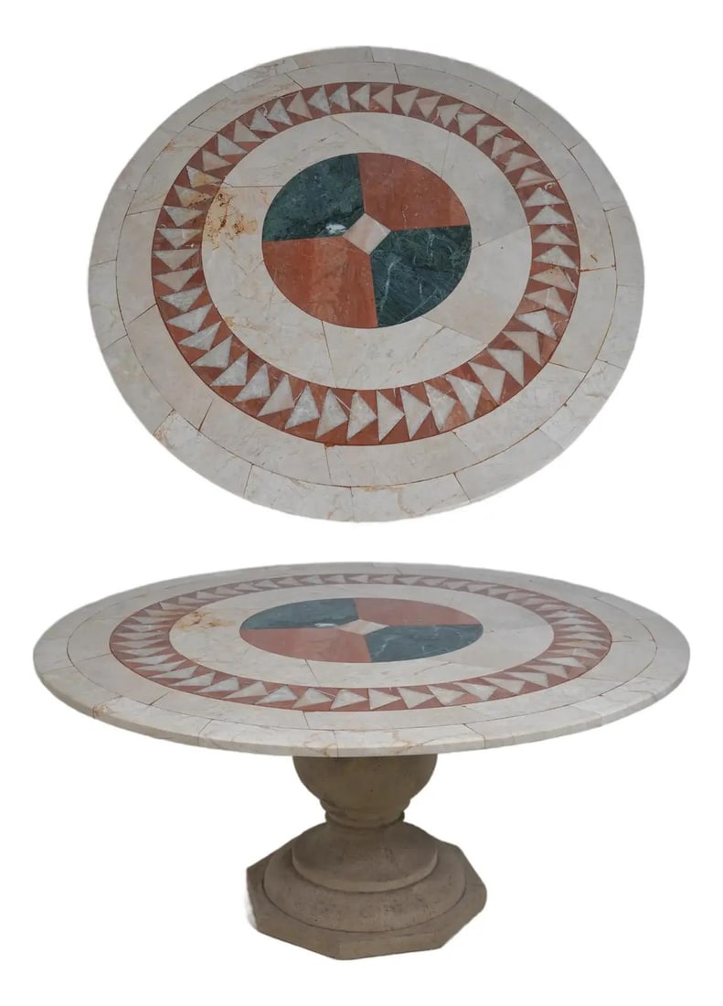 60" White Marble Inlaid Dining Table with Stone Pedestal Base: 60" White Marble Inlaid Dining Table with Stone Pedestal Base This round dining room table features a stunning inlaid marble top and a sturdy stone pedestal base. Designed with high-quality constructi