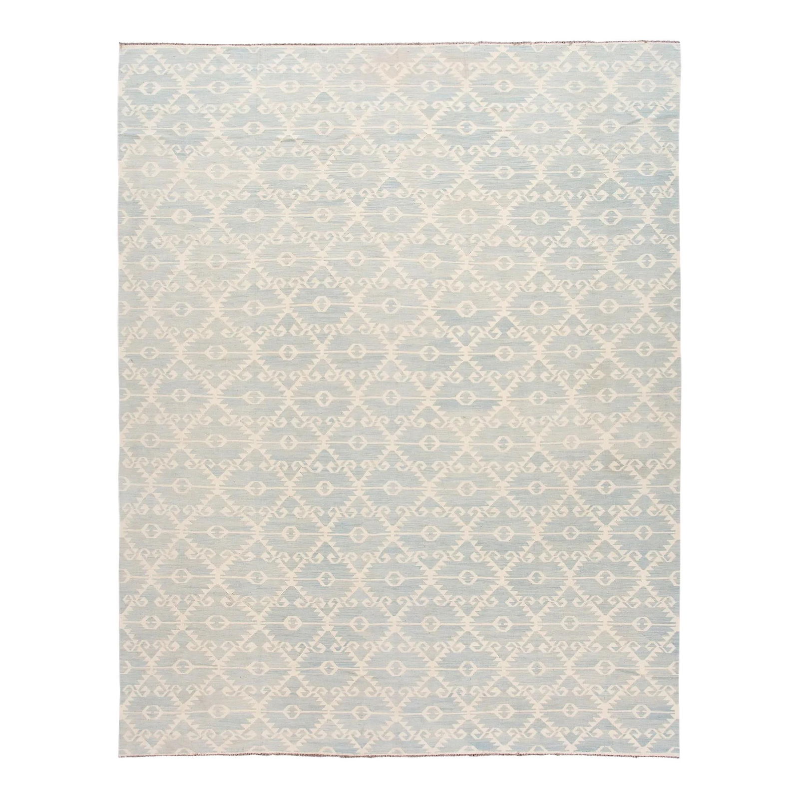 Oversized Wool Kilim Rug 12'2 x 15' Tribal Motif Light Blue: Oversized Wool Kilim Rug 12'2 x 15' Tribal Motif Light Blue Transform your space with this stunning Oversize Modern Kilim Flatweave Wool Rug, showcasing a beautiful tribal motif against a light blue b