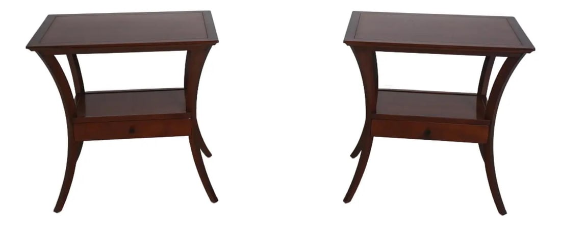 Elegant Pair of Grange Cherry Nightstand Tables with Splay Legs: Elegant Pair of Grange Cherry Nightstand Tables with Splay Legs This exquisite pair of French nightstand tables showcases timeless elegance with their shapely splay legs and quality cherry wood constr