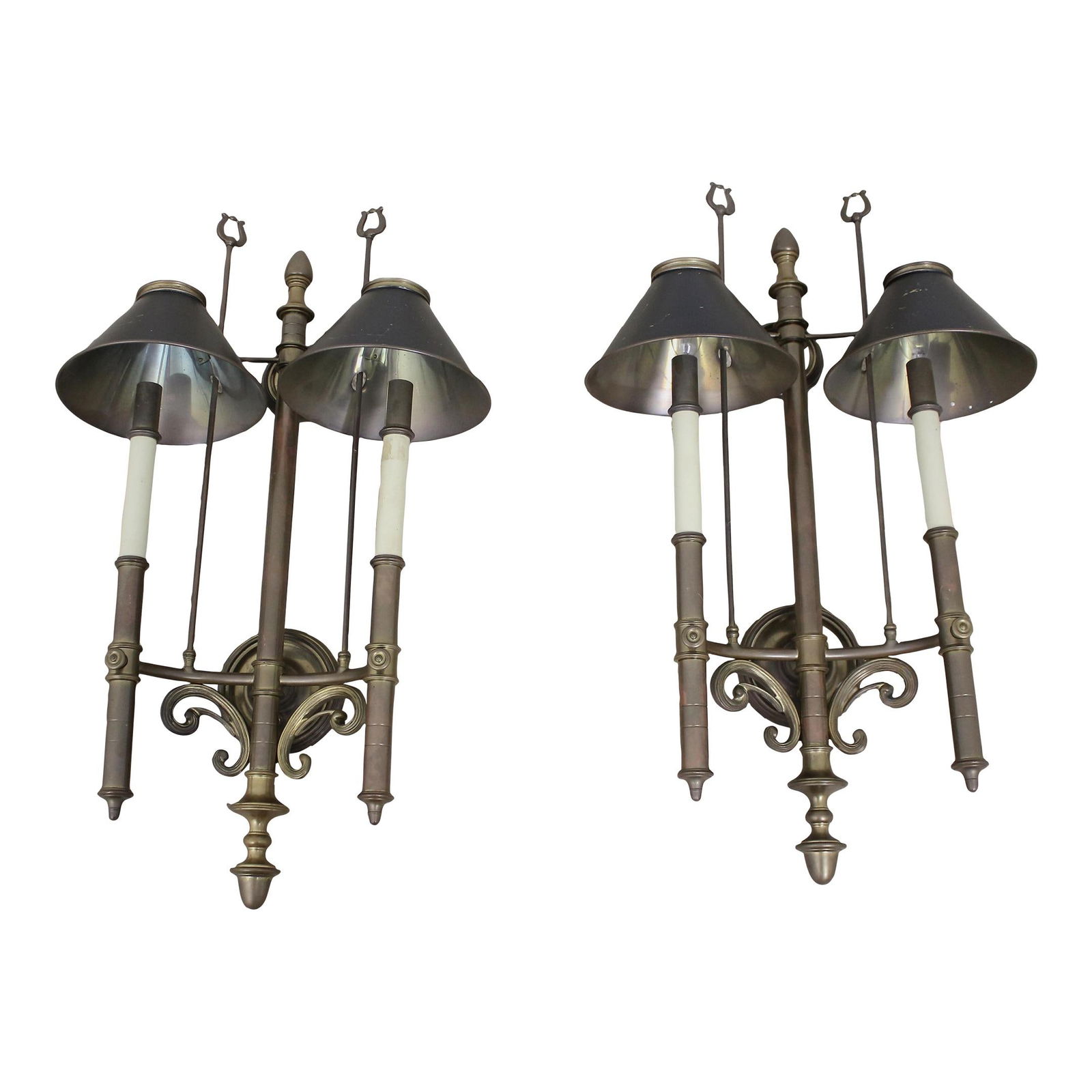 Antique Brass Chapman Regency Candelabra Sconce Pair with Black Shades: Antique Brass Chapman Regency Candelabra Sconce Pair with Black Shades This exquisite pair of Regency style candelabra sconces, attributed to Chapman, showcases an antique brass finish that adds a tou