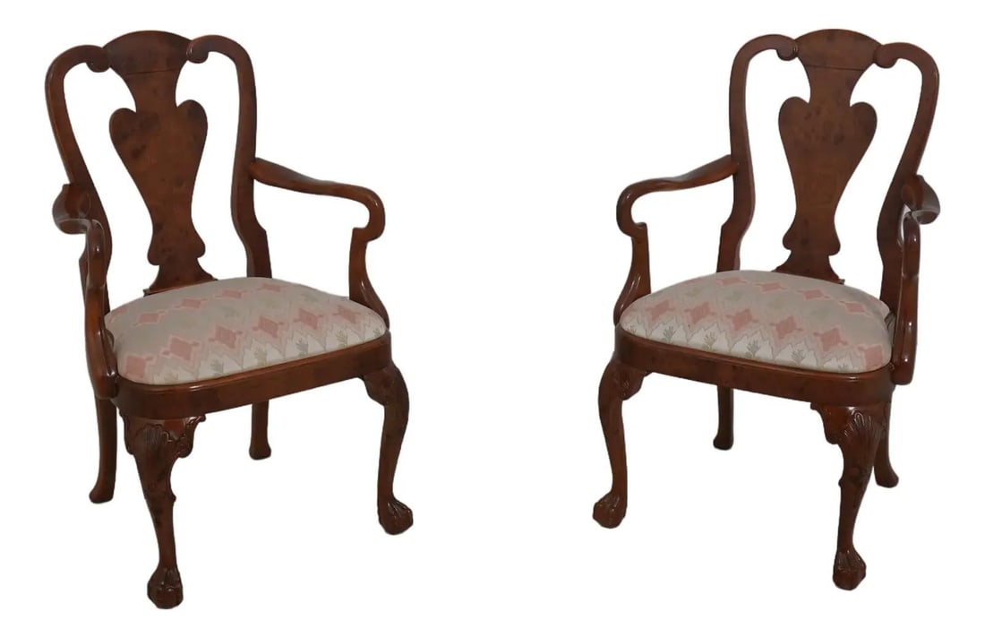 Elegant Pair of George III Style Burl Walnut Armchairs: Elegant Pair of George III Style Burl Walnut Armchairs This exquisite pair of George III style burl walnut dining armchairs showcases exceptional craftsmanship and classic design. Featuring elegant wa