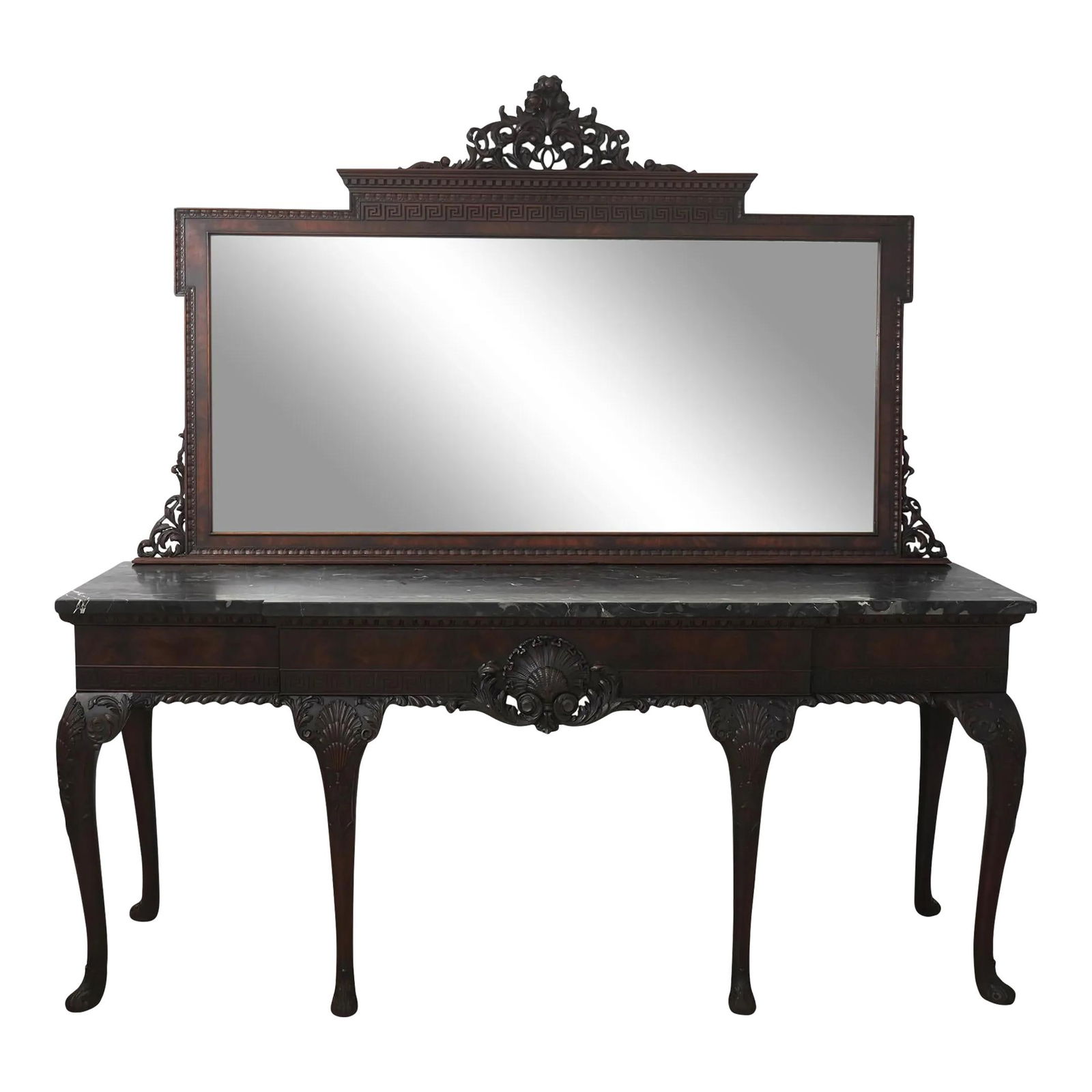 19th Century Georgian Mahogany Marble Console and Mirror Set: 19th Century Georgian Mahogany Marble Console and Mirror Set This striking antique console and mirror set dates back to the 19th century, specifically between 1860 and 1890. Crafted from premium mahog