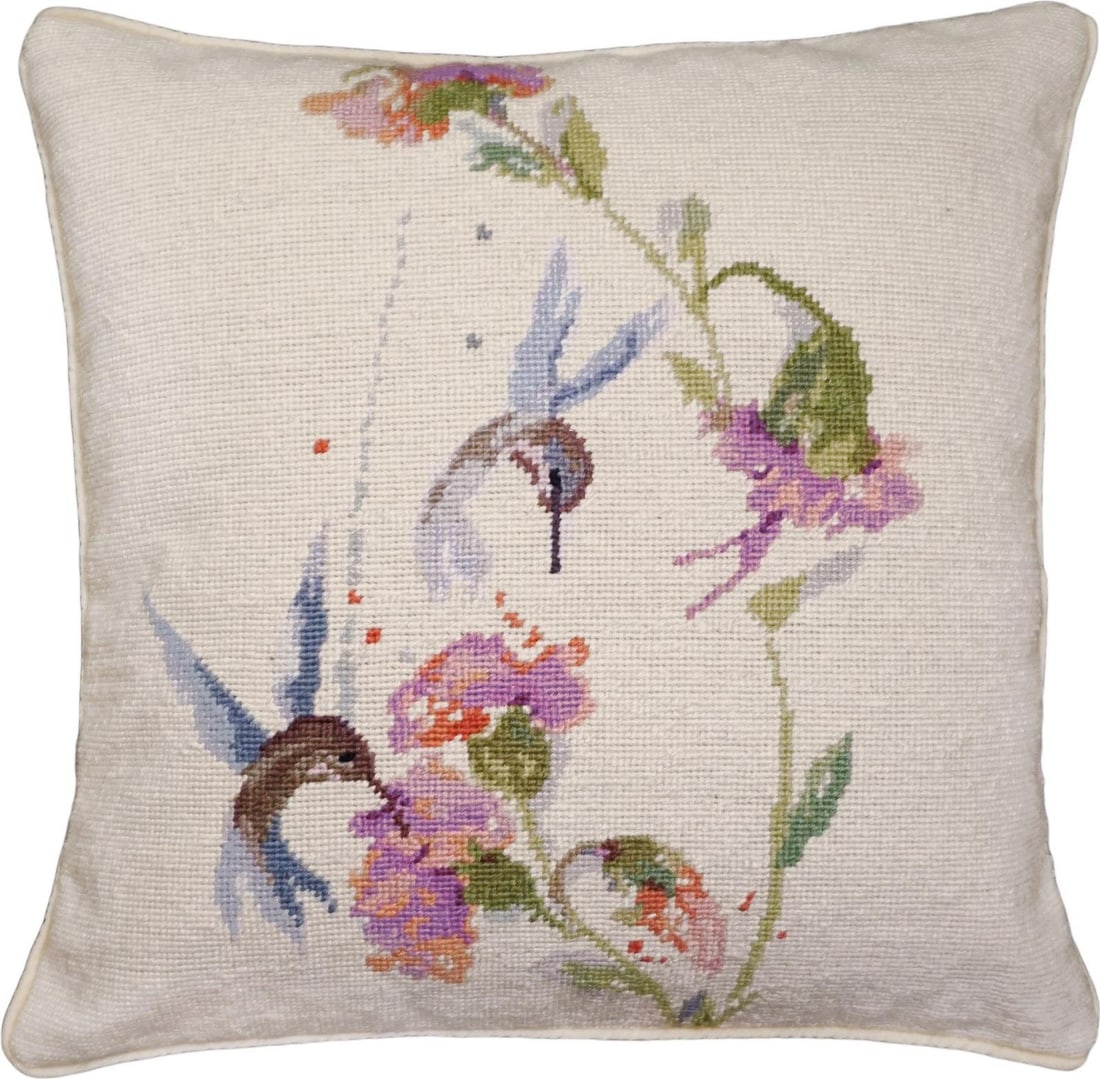 Hand-Made Impressionist Double Hummingbird Needlepoint Pillow 18x18: Hand-Made Impressionist Double Hummingbird Needlepoint Pillow 18x18 This vibrant double hummingbird needlepoint pillow features a stunning Impressionist style design, showcasing intricate needlepoint