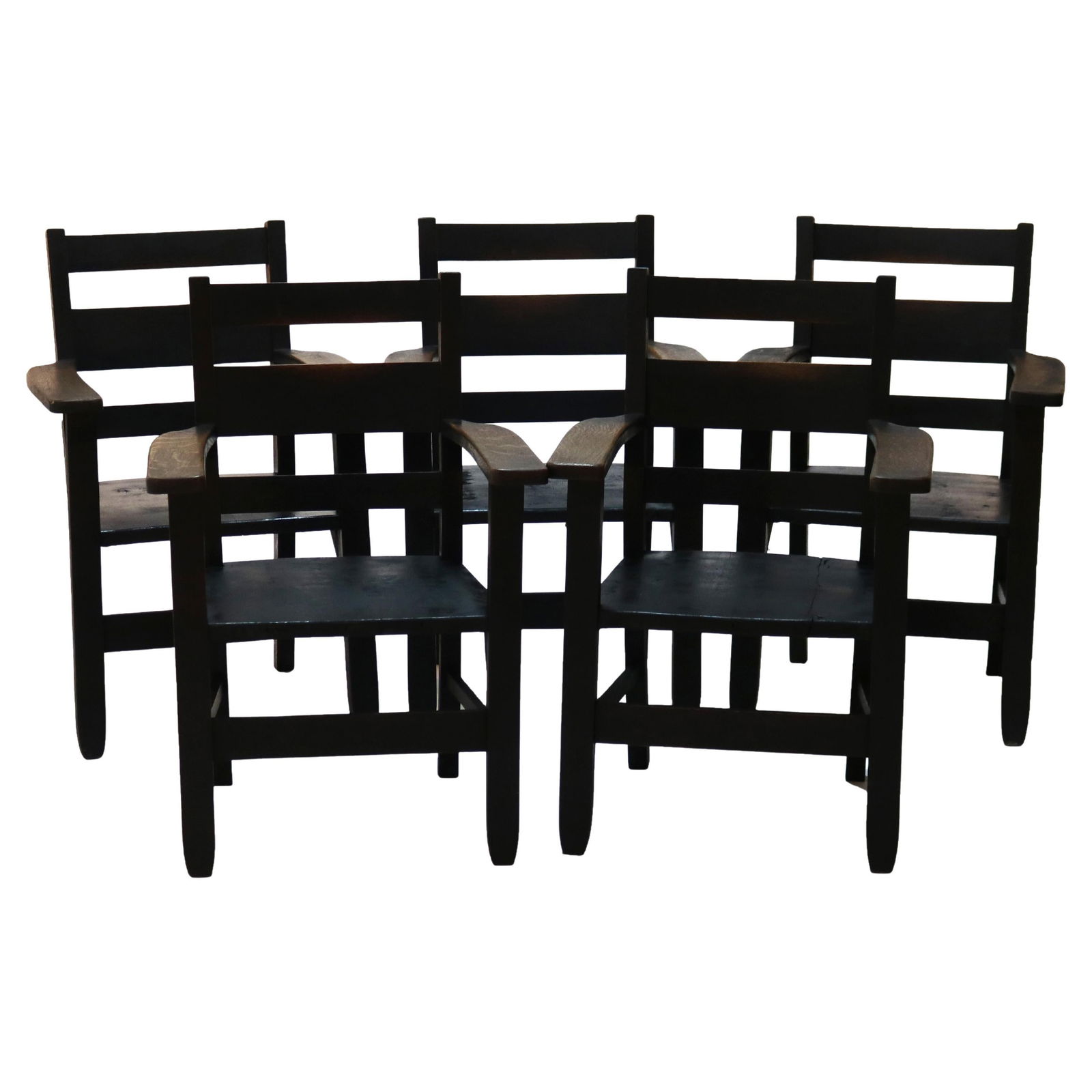 Set of 5 Antique RH Conant Sons Arts and Crafts Oak Armchairs c1920: Set of 5 Antique RH Conant Sons Arts and Crafts Oak Armchairs c1920 This set of five antique armchairs, crafted by RH Conant Sons around 1920, showcases the elegant simplicity of the Arts & Crafts Mis