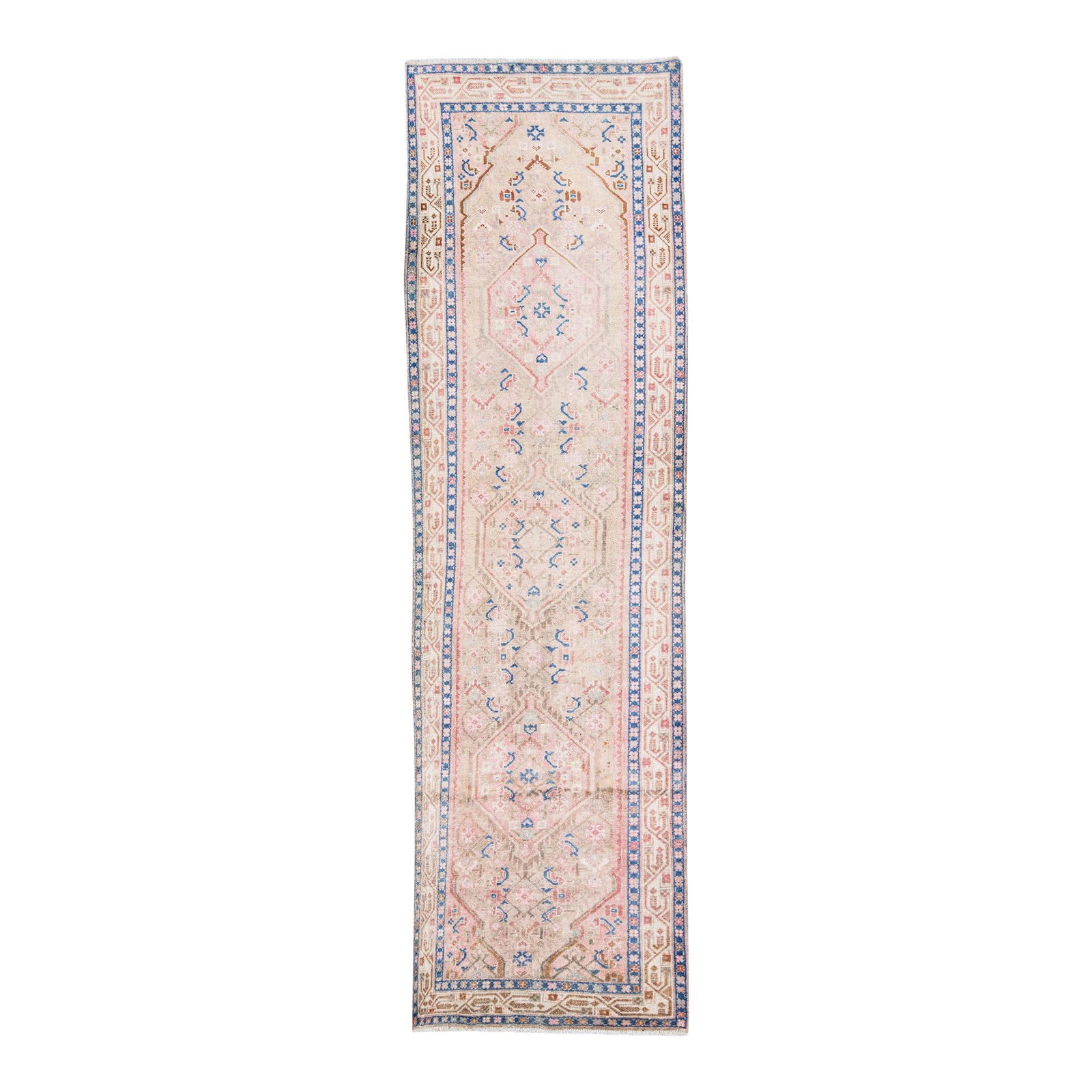 Vintage Persian Hamadan Handmade Beige Wool Medallion Runner 2'10" x 9'10": Vintage Persian Hamadan Handmade Beige Wool Medallion Runner 2'10" x 9'10" This stunning vintage Persian Hamadan runner features a hand-knotted design, showcasing a soft beige field complemented by a