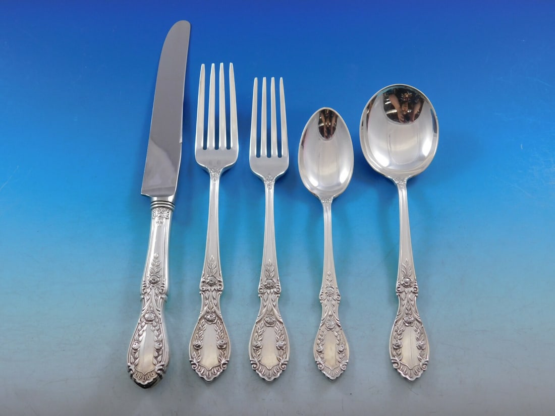 Manchester American Beauty Sterling Silver Flatware Set 62 pc Service for 8: Manchester American Beauty Sterling Silver Flatware Set 62 pc Service for 8 Elevate your dining experience with the exquisite American Beauty Sterling Silver Flatware Set by Manchester. This impressiv