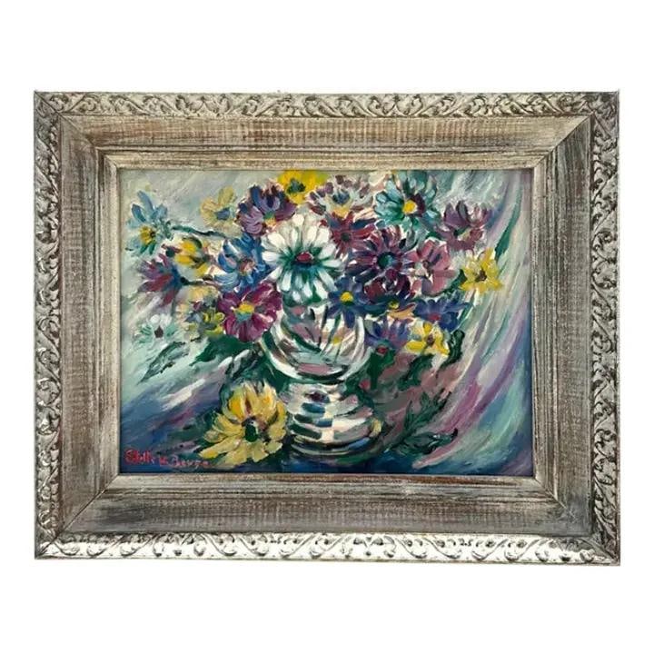 Signed Abstract Still Life Oil Painting on Board with Bohemian Style: Signed Abstract Still Life Oil Painting on Board with Bohemian Style This vintage boho abstract still life is an oil painting on board, signed by the artist. It showcases a blend of timeless bohemian