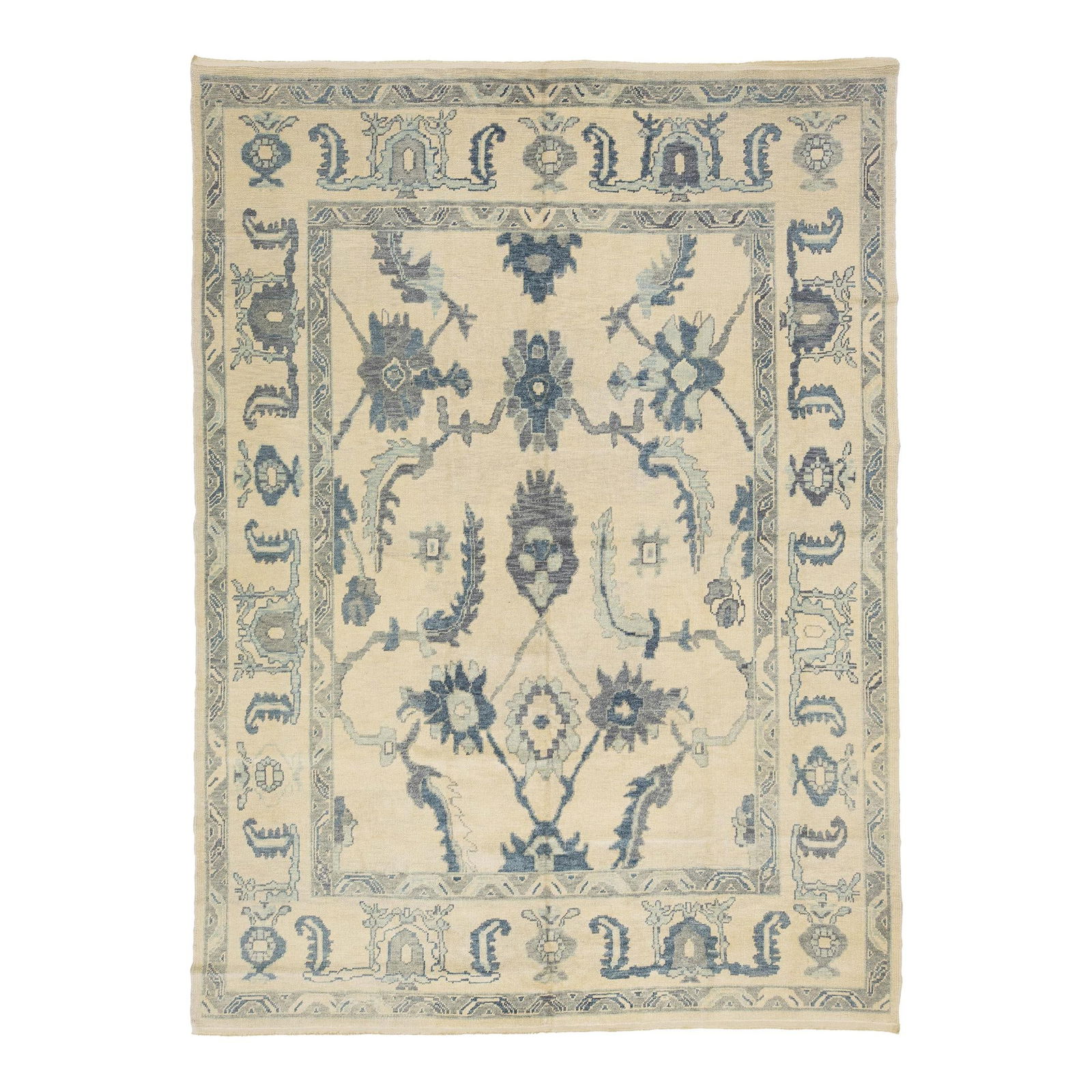 Elegant Handmade Wool Oushak Rug Beige Blue Geometric Floral 9'2 x 12'7: Elegant Handmade Wool Oushak Rug Beige Blue Geometric Floral 9'2 x 12'7 This exquisite modern Oushak rug showcases a hand-knotted wool construction in a warm beige field, adorned with captivating blue