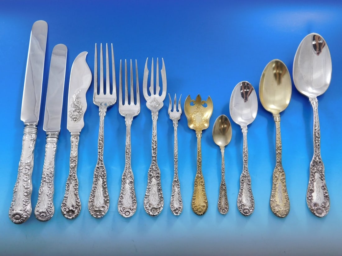 Dominick Haff Number 10 Sterling Silver Flatware Set 154 Pcs for 12: Dominick Haff Number 10 Sterling Silver Flatware Set 154 Pcs for 12 Experience the elegance of the Number 10 Sterling Silver Flatware Set by Dominick & Haff, featuring a stunning chrysanthemum pattern