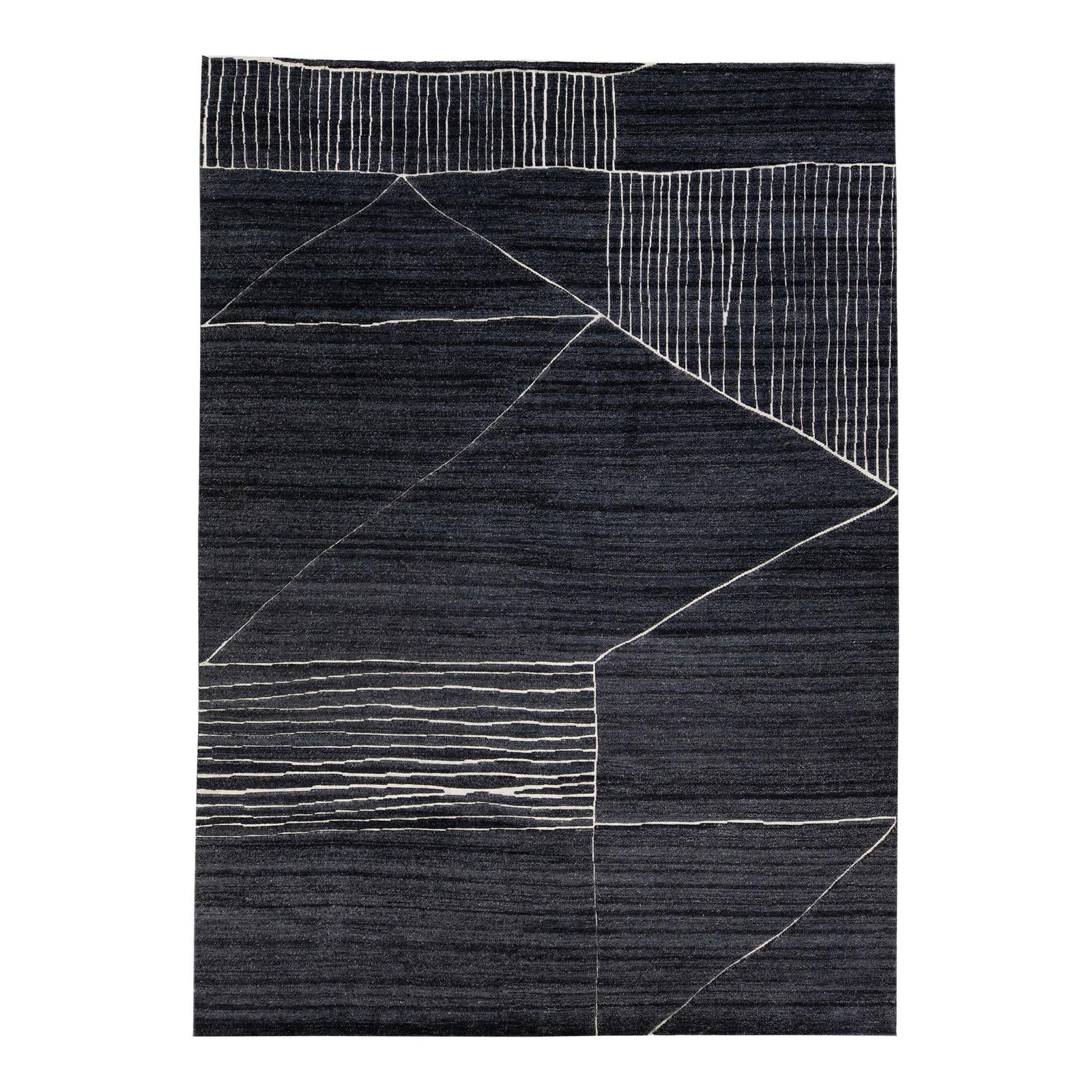 Charcoal Handmade Geometric Wool Rug from Safi Collection 10' x 13'11": Charcoal Handmade Geometric Wool Rug from Safi Collection 10' x 13'11" This exquisite modern Moroccan-style hand-knotted wool rug showcases a stunning charcoal field adorned with a geometric white des
