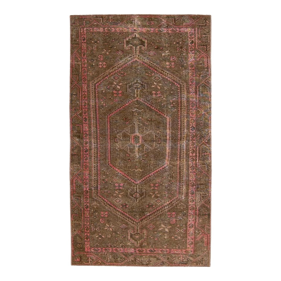 Vintage Hand-Knotted Geometric Wool Rug Brown 4'6 x 7'9: Vintage Hand-Knotted Geometric Wool Rug Brown 4'6 x 7'9 This stunning vintage geometric rug showcases a beautifully hand-knotted design in rich brown wool. Accented with delicate shades of pink and ta