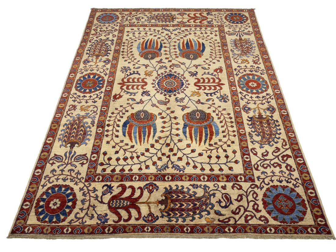 Handspun Wool Floral Design 7x10 Oriental Rug for Living Room: Handspun Wool Floral Design 7x10 Oriental Rug for Living Room Enhance your living space with this exquisite handspun wool Afghan rug, featuring a stunning large floral design that adds a touch of eleg