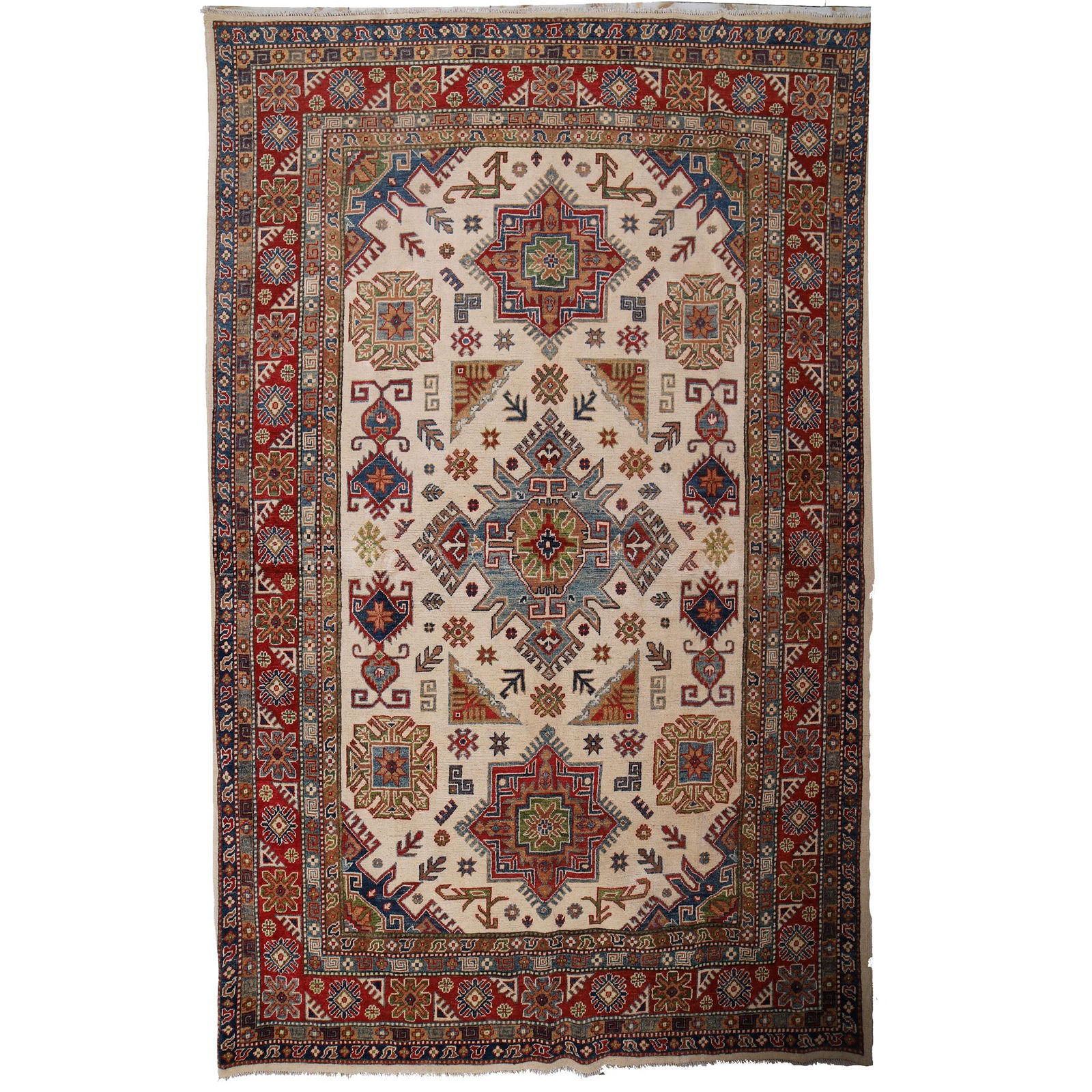 Handmade Ivory Kazak Rug 6.7 x 9.10 ft Organic Wool Pakistan: Handmade Ivory Kazak Rug 6.7 x 9.10 ft Organic Wool Pakistan Free continental US Shipping Discover the exquisite craftsmanship of this beautiful handmade ivory Kazak rug, measuring 6.7 x 9.10 feet. Me
