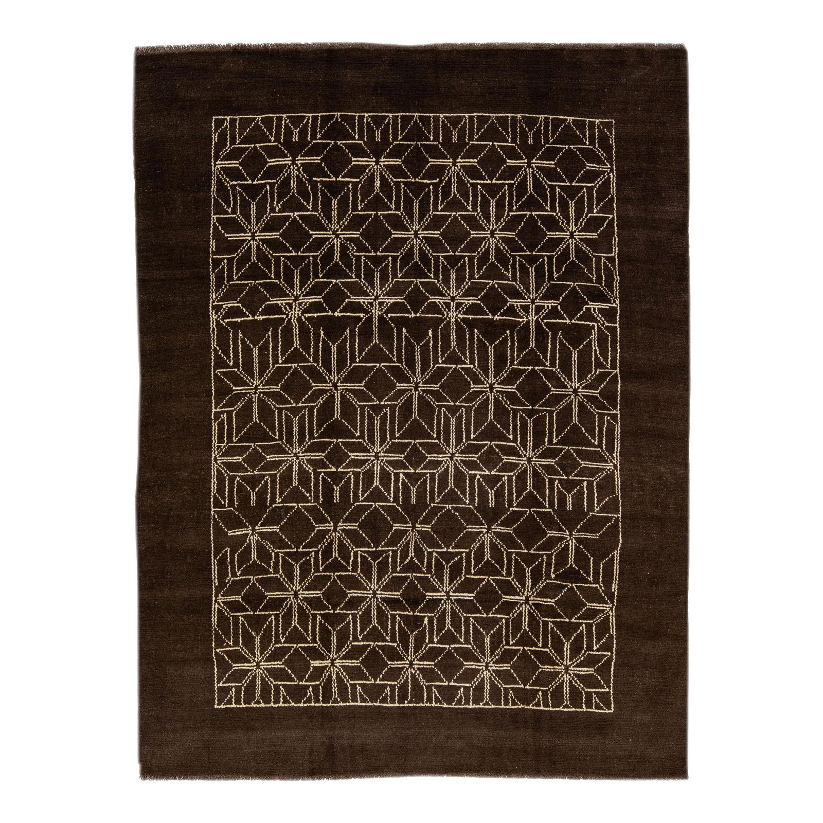 Moroccan Handmade Wool Rug Dark Brown Geometric Design 7' x 9'2: Moroccan Handmade Wool Rug Dark Brown Geometric Design 7' x 9'2 Enhance your living space with this exquisite Moroccan-style handmade wool rug from our Northwest collection. Featuring a rich dark brow
