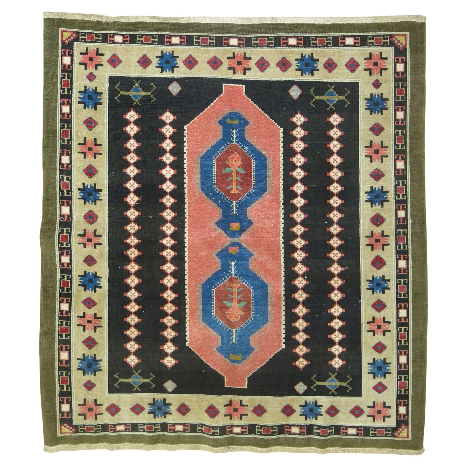 Zabihi Collection Zeki Muren Mid-Century Modern Turkish Rug 59 x 63 Hand-Woven Wool: Zabihi Collection Zeki Muren Mid-Century Modern Turkish Rug 59 x 63 Hand-Woven Wool Discover the unique charm of this eclectic square vintage Turkish rug, attributed to renowned artist Zeki Muren. Thi