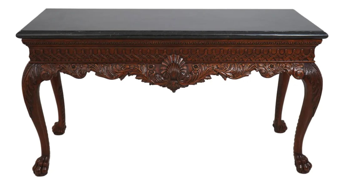 Georgian Inspired Console Table with Mahogany Base and Green Marble Top: Georgian Inspired Console Table with Mahogany Base and Green Marble Top This Maitland Smith console table features a Georgian style design with a mahogany base, intricately carved paw feet, and a dark
