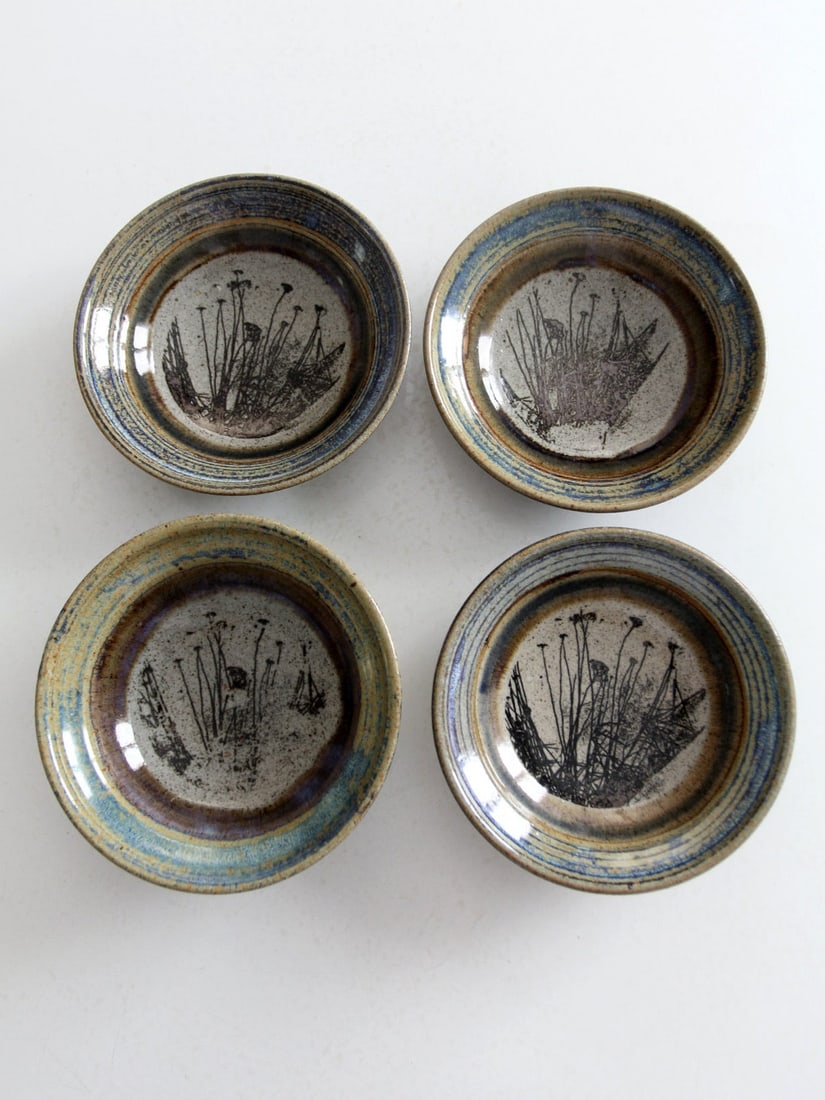 Handcrafted Vintage Studio Pottery Bowls Set of 4 with Prairie Plant Design (1 of 12)