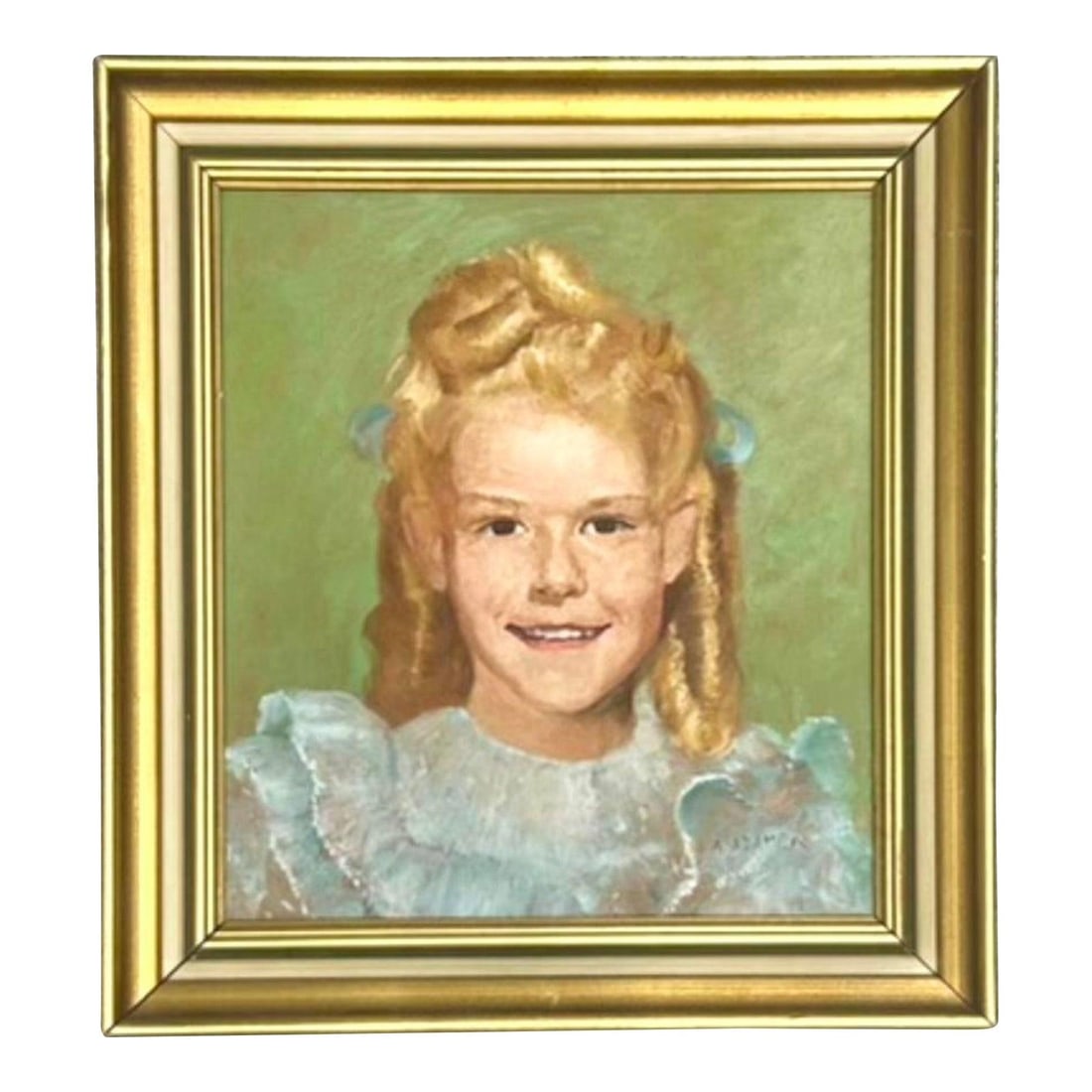 Boho Style Oil Portrait of Golden Haired Young Woman in Gold Frame: Boho Style Oil Portrait of Golden Haired Young Woman in Gold Frame This vintage oil portrait painting showcases a young lady with golden curls and a serene smile, rendered in a traditional Boho style.