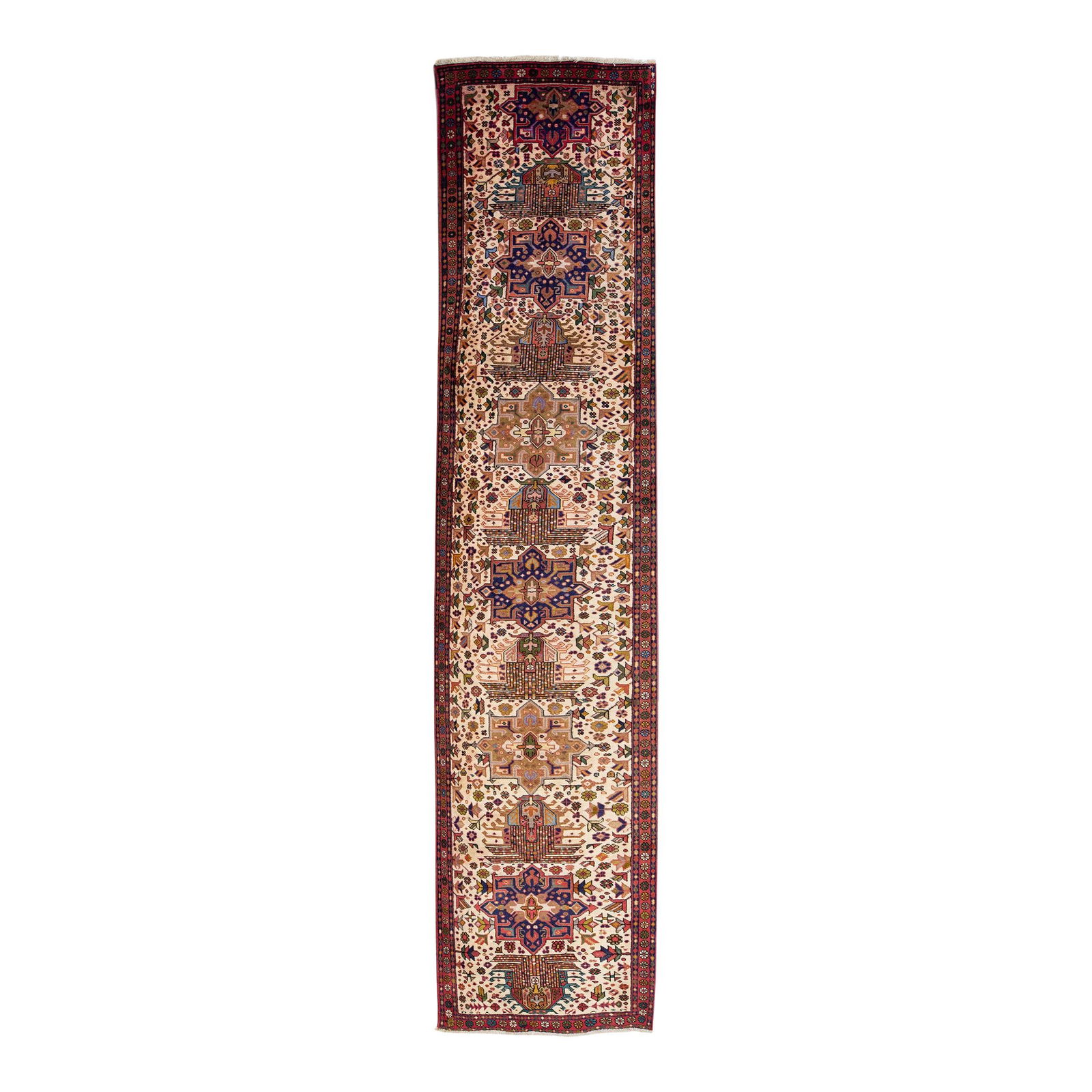1920s Handmade Heriz Wool Runner Multicolor Floral Design 2'10 x 13'3: 1920s Handmade Heriz Wool Runner Multicolor Floral Design 2'10 x 13'3 This exquisite 1920s Heriz handmade wool runner features a stunning beige field adorned with a vibrant floral design in multicolor