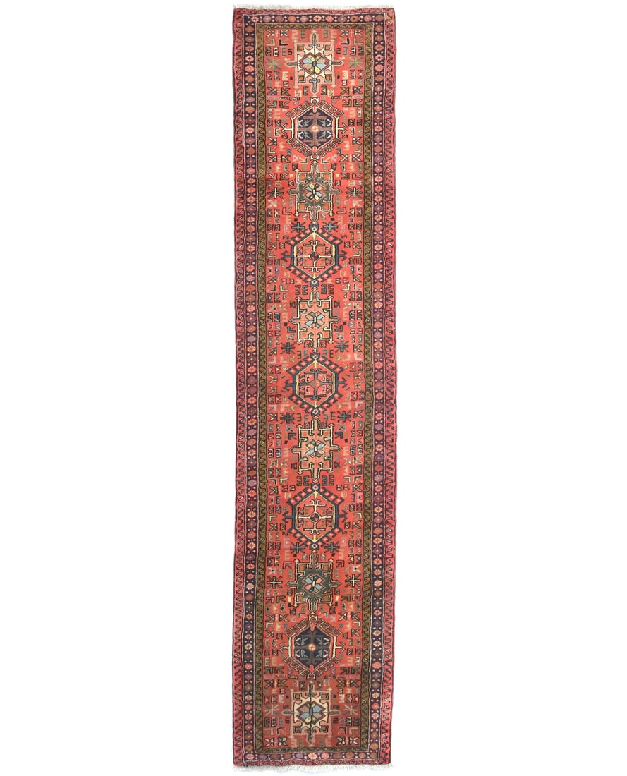Vintage Red Tribal Hand-Knotted Wool Runner Rug 2'6 x 12'3: Vintage Red Tribal Hand-Knotted Wool Runner Rug 2'6 x 12'3 Enhance your hallway or kitchen with this exquisite vintage runner rug, featuring a striking red tribal design. Hand-knotted from high-qualit