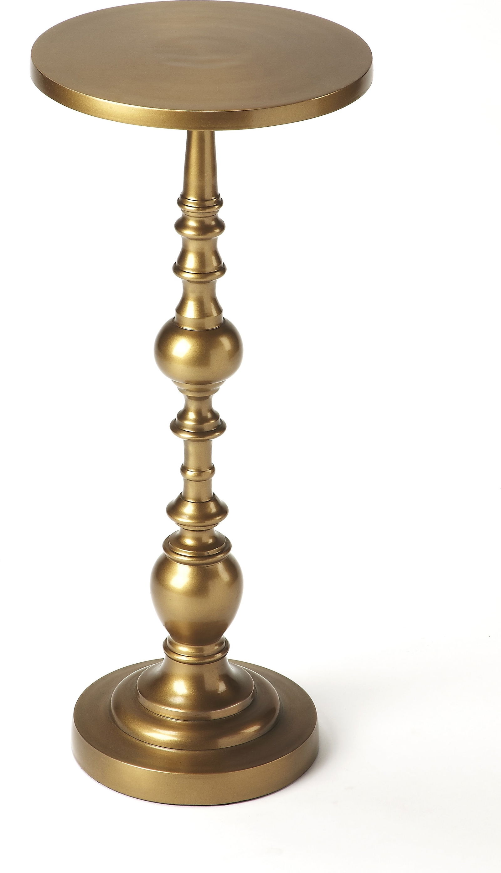 Butler Darien Gold Pedestal Side Table 22.5H: Butler Darien Gold Pedestal Side Table 22.5H Introducing the Elegant Gold Butler End Table, a stunning addition to your living space. Crafted in a vintage style, this side table features a luxurious a