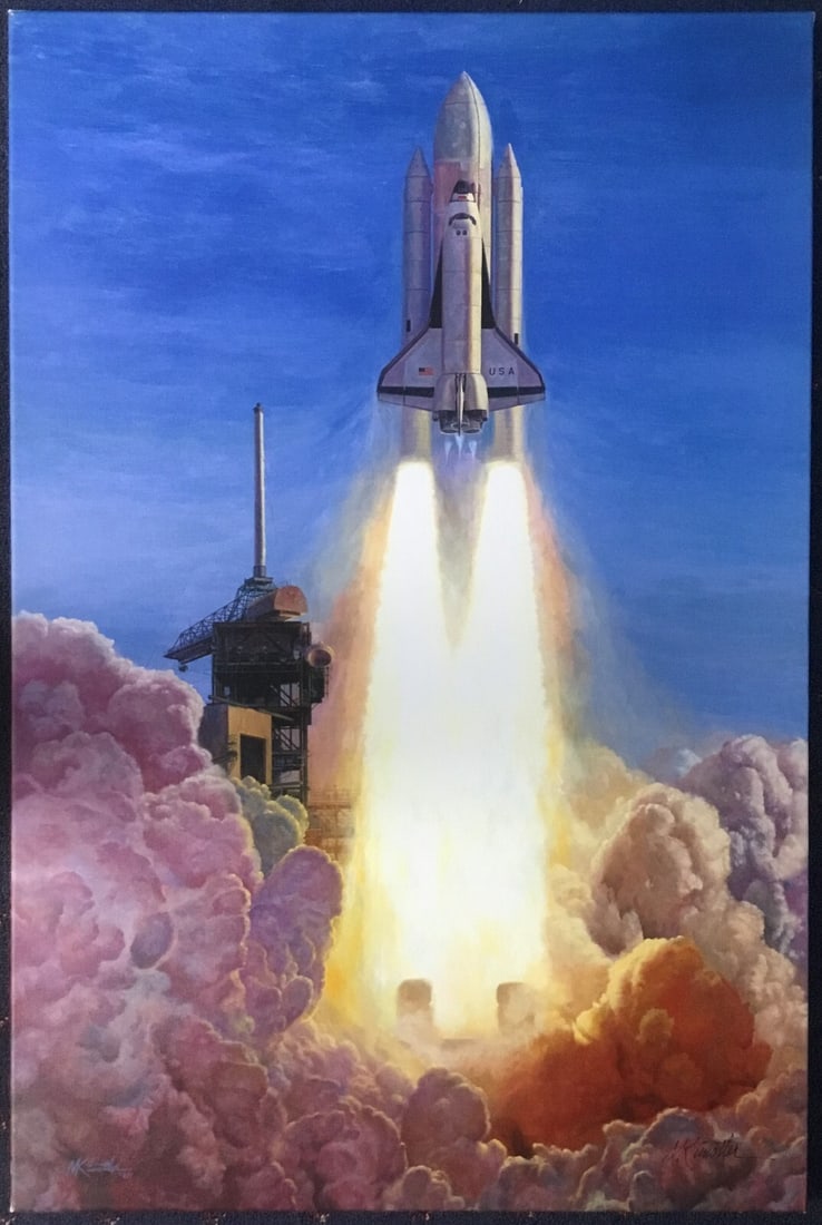 Mort Kunstler Signed Limited Edition Giclee Space Shuttle Columbia Print: Mort Kunstler Signed Limited Edition Giclee Space Shuttle Columbia Print Experience the artistry of Mort Kunstler with this stunning limited edition giclee print titled 'Launch of the Space Shuttle Co