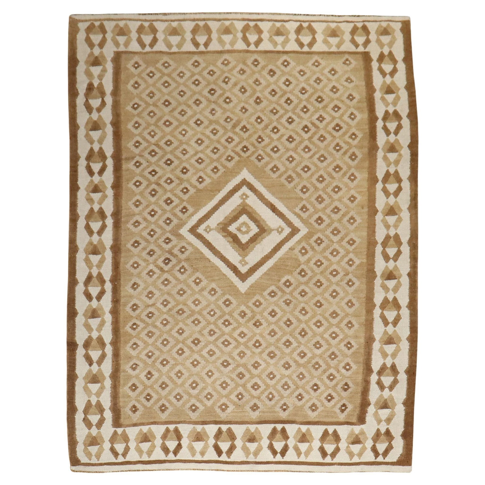 Vintage Mid-20th Century Turkish Kilim Wool Rug 80 x 107 in: Vintage Mid-20th Century Turkish Kilim Wool Rug 80 x 107 in This exquisite mid-20th-century Turkish kilim features a captivating geometric design in soft brown and ivory tones, perfect for adding a ru