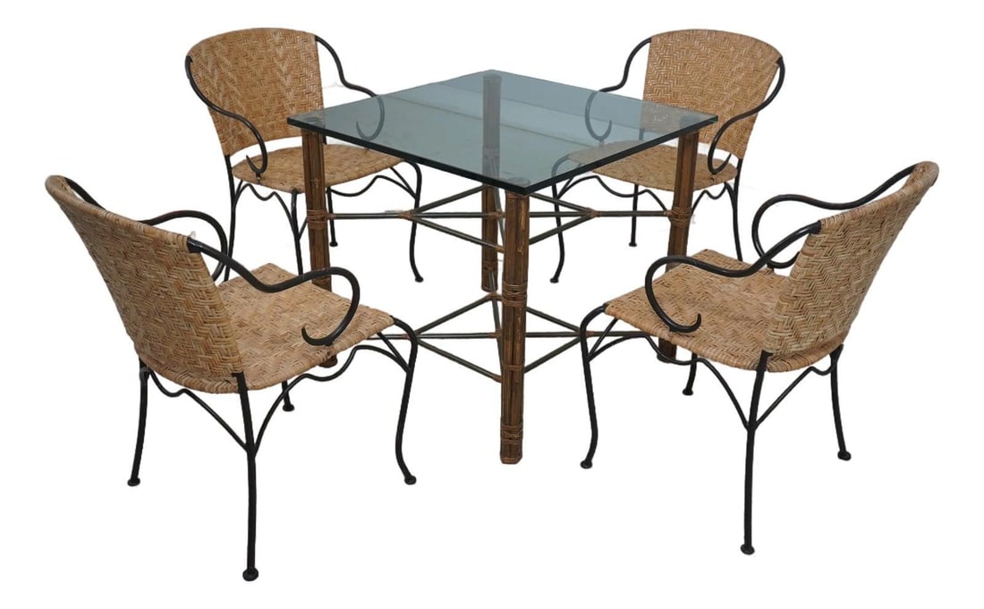 Vintage Glass Top Bamboo Table with 4 Iron Wicker Chairs: Vintage Glass Top Bamboo Table with 4 Iron Wicker Chairs This charming set features a glass top bamboo table accompanied by four stylish iron wicker chairs, perfect for enhancing your indoor or outdoo