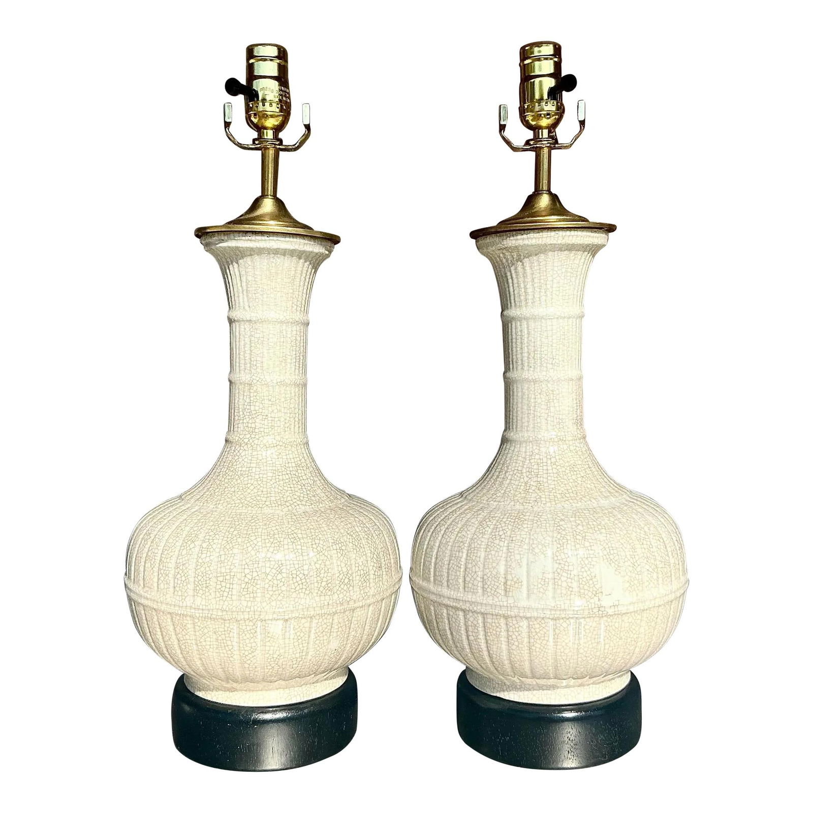Pair of Vintage Boho Ecru Ribbed Ceramic Lamps (1 of 5)