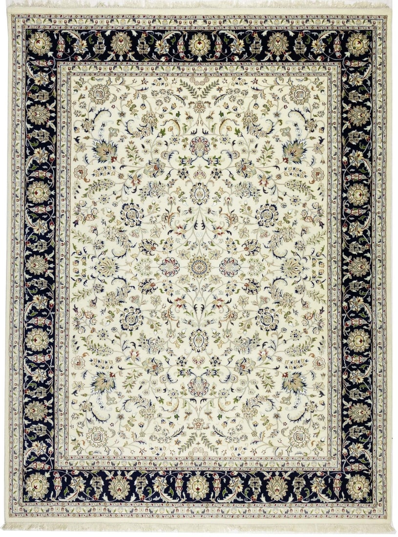 Hand-Knotted Indo-Nain Floral Rug 9'1 x 12'1 Wool Silk Modern Decor: Hand-Knotted Indo-Nain Floral Rug 9'1 x 12'1 Wool Silk Modern Decor Enhance your living space with this exquisite Indo-Nain Cream Oriental Rug. Featuring a stunning floral design, this hand-knotted ar